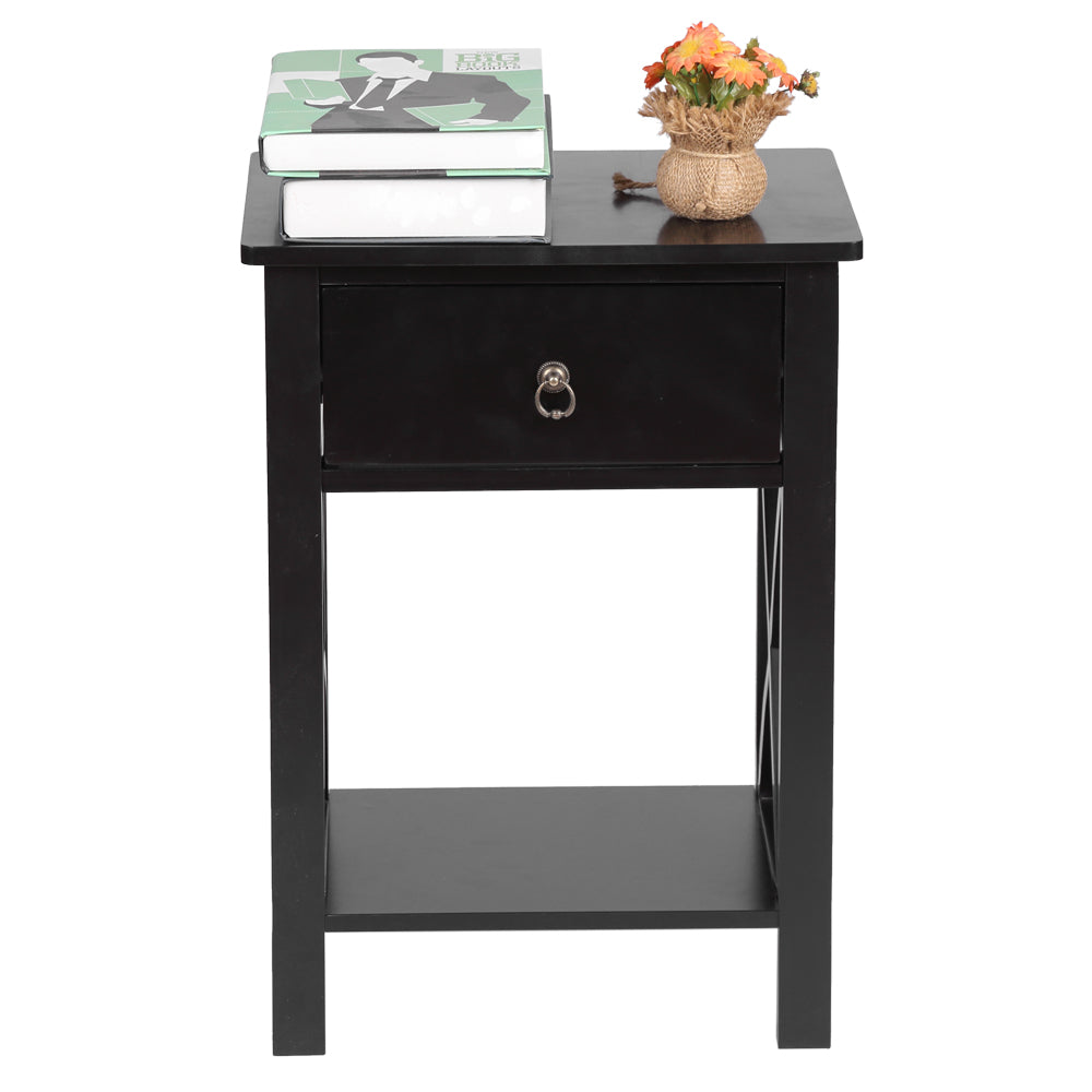 HAOYYE Modern Black Nightstand with Cross Metal Frame, Double Layer Storage and Open Shelf, Minimalist End Table for Bedroom, Living Room or Office, Durable and Easy to Assemble