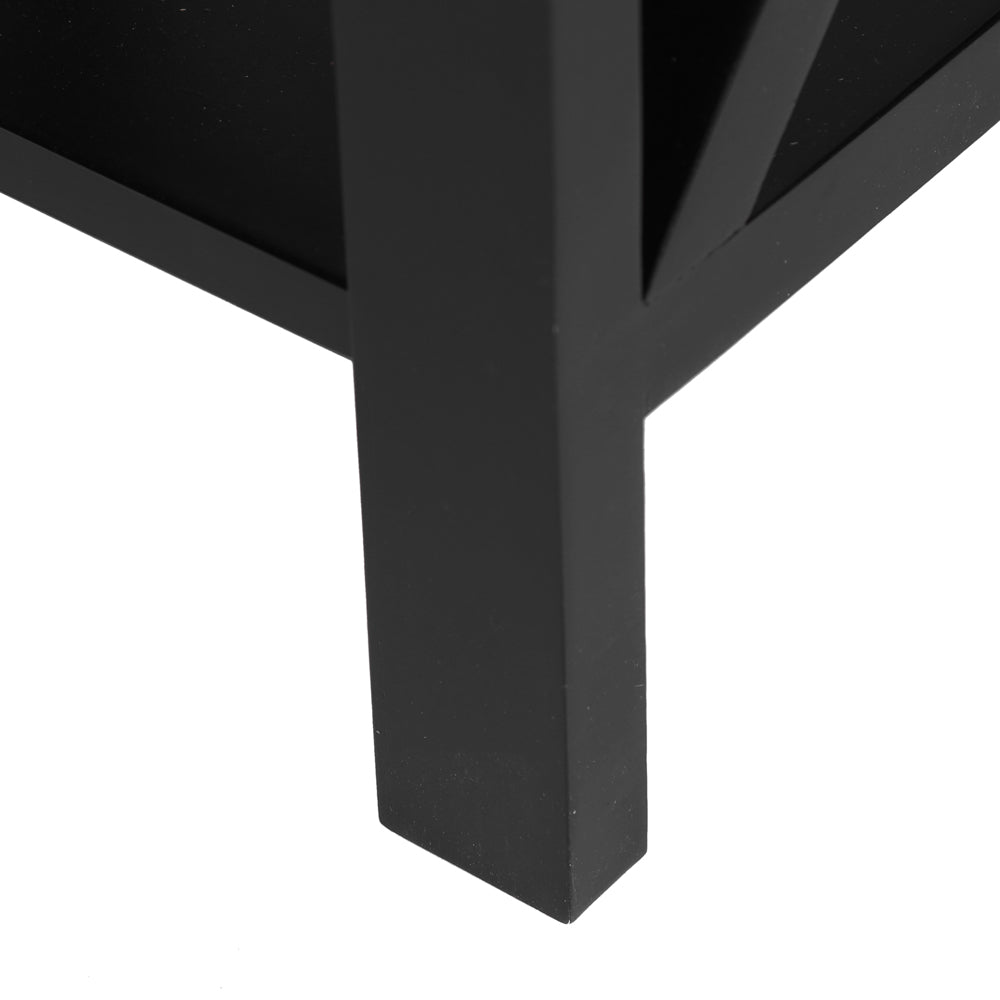 HAOYYE Modern Black Nightstand with Cross Metal Frame, Double Layer Storage and Open Shelf, Minimalist End Table for Bedroom, Living Room or Office, Durable and Easy to Assemble