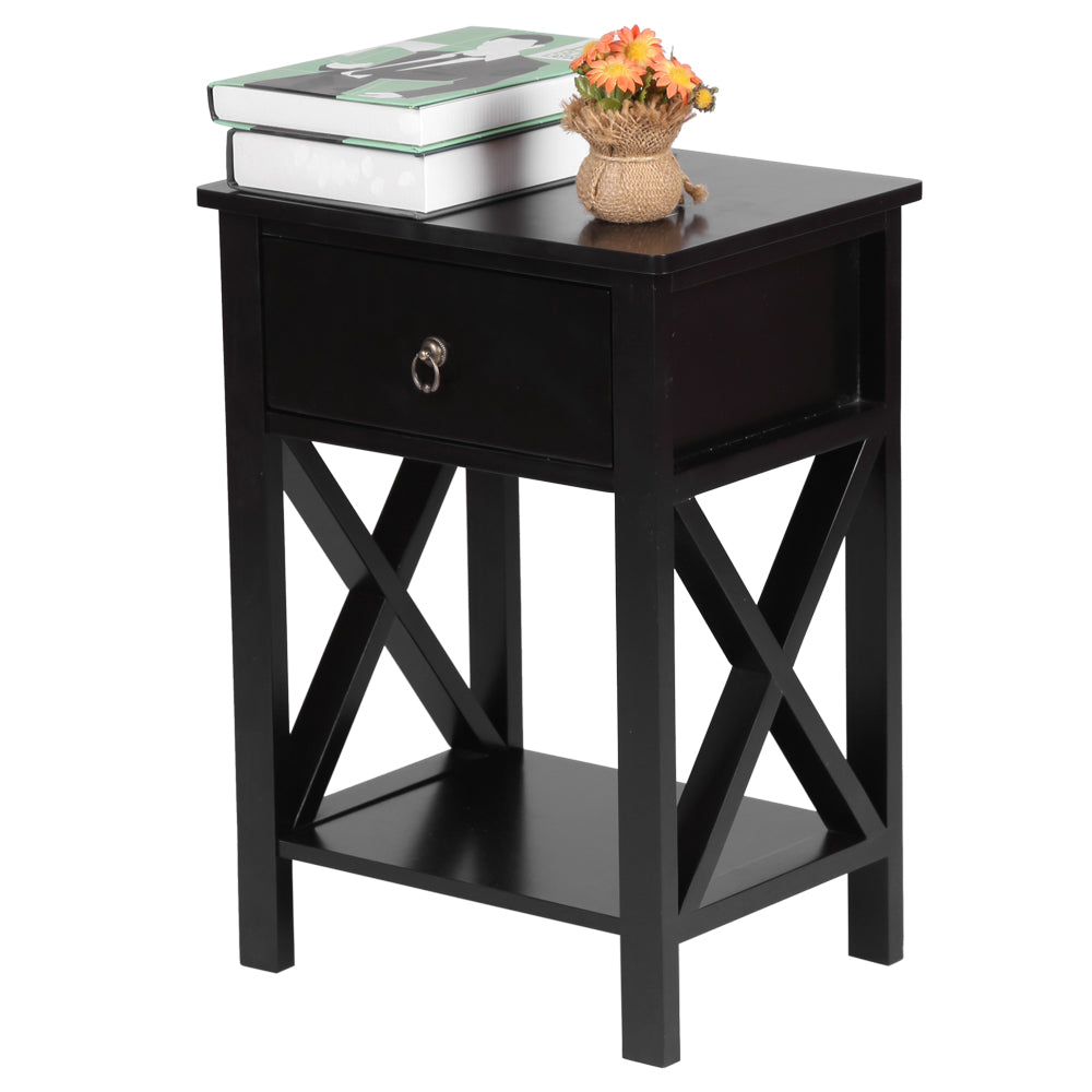 HAOYYE Modern Black Nightstand with Cross Metal Frame, Double Layer Storage and Open Shelf, Minimalist End Table for Bedroom, Living Room or Office, Durable and Easy to Assemble