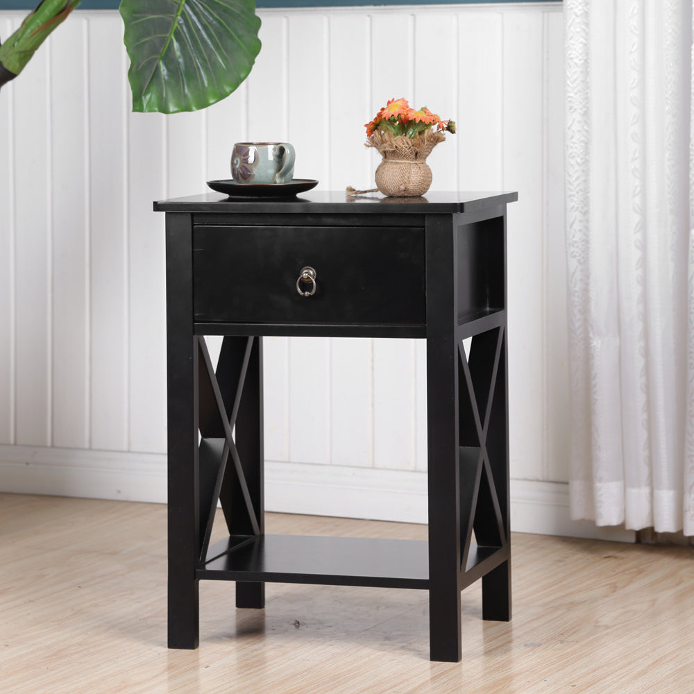 HAOYYE Modern Black Nightstand with Cross Metal Frame, Double Layer Storage and Open Shelf, Minimalist End Table for Bedroom, Living Room or Office, Durable and Easy to Assemble