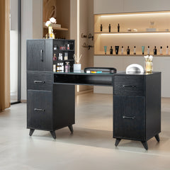 HAOYYE Black Nail Table with Tempered Glass Top and Relief Particle Board Finish, Three Doors and Two Drawers, Fanless Design for Salon Manicure Station or Home Beauty Workspace