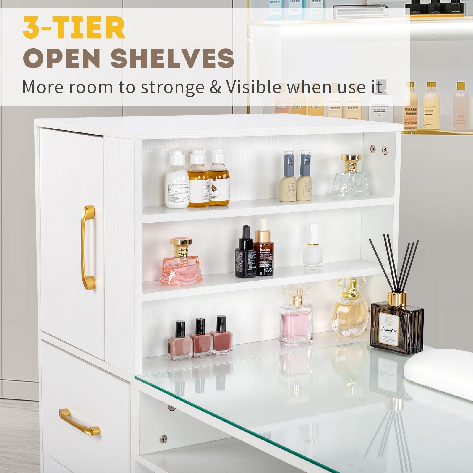HAOYYE White Relief Nail Table with Tempered Glass Top Three Doors and Two Drawers Storage Manicure Desk Fanless Design Professional Nail Technician Station for Salon or Home Studio Use