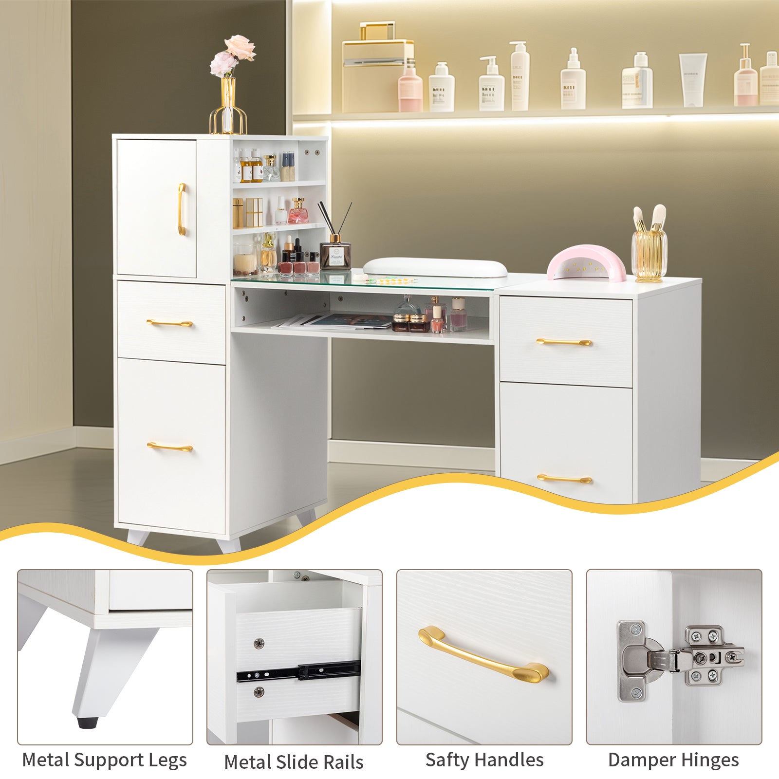 HAOYYE White Relief Nail Table with Tempered Glass Top Three Doors and Two Drawers Storage Manicure Desk Fanless Design Professional Nail Technician Station for Salon or Home Studio Use
