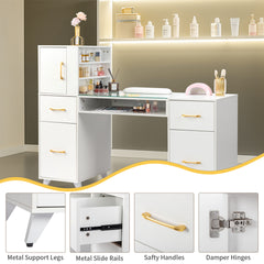 HAOYYE White Relief Nail Table with Tempered Glass Top Three Doors and Two Drawers Storage Manicure Desk Fanless Design Professional Nail Technician Station for Salon or Home Studio Use