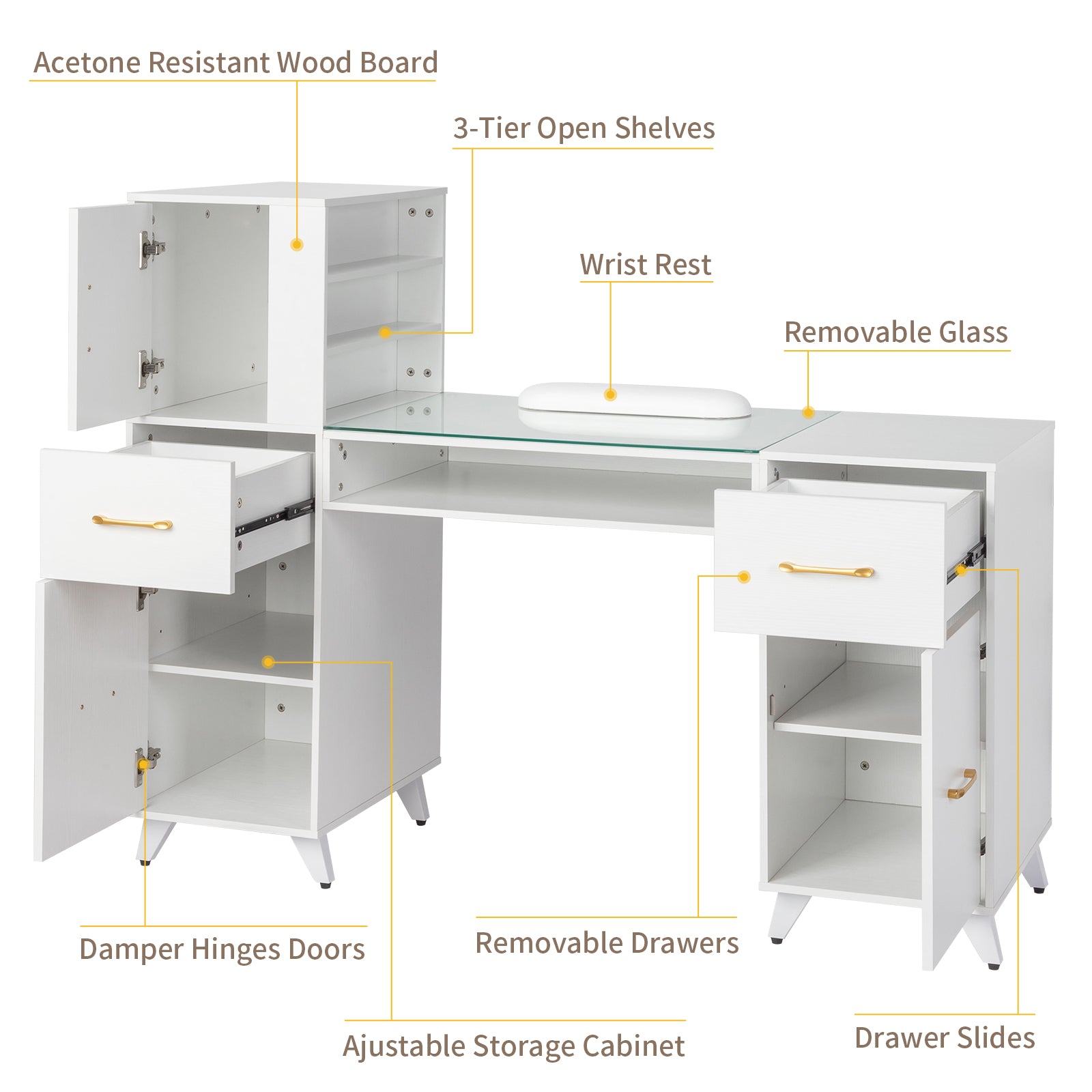 HAOYYE White Relief Nail Table with Tempered Glass Top Three Doors and Two Drawers Storage Manicure Desk Fanless Design Professional Nail Technician Station for Salon or Home Studio Use