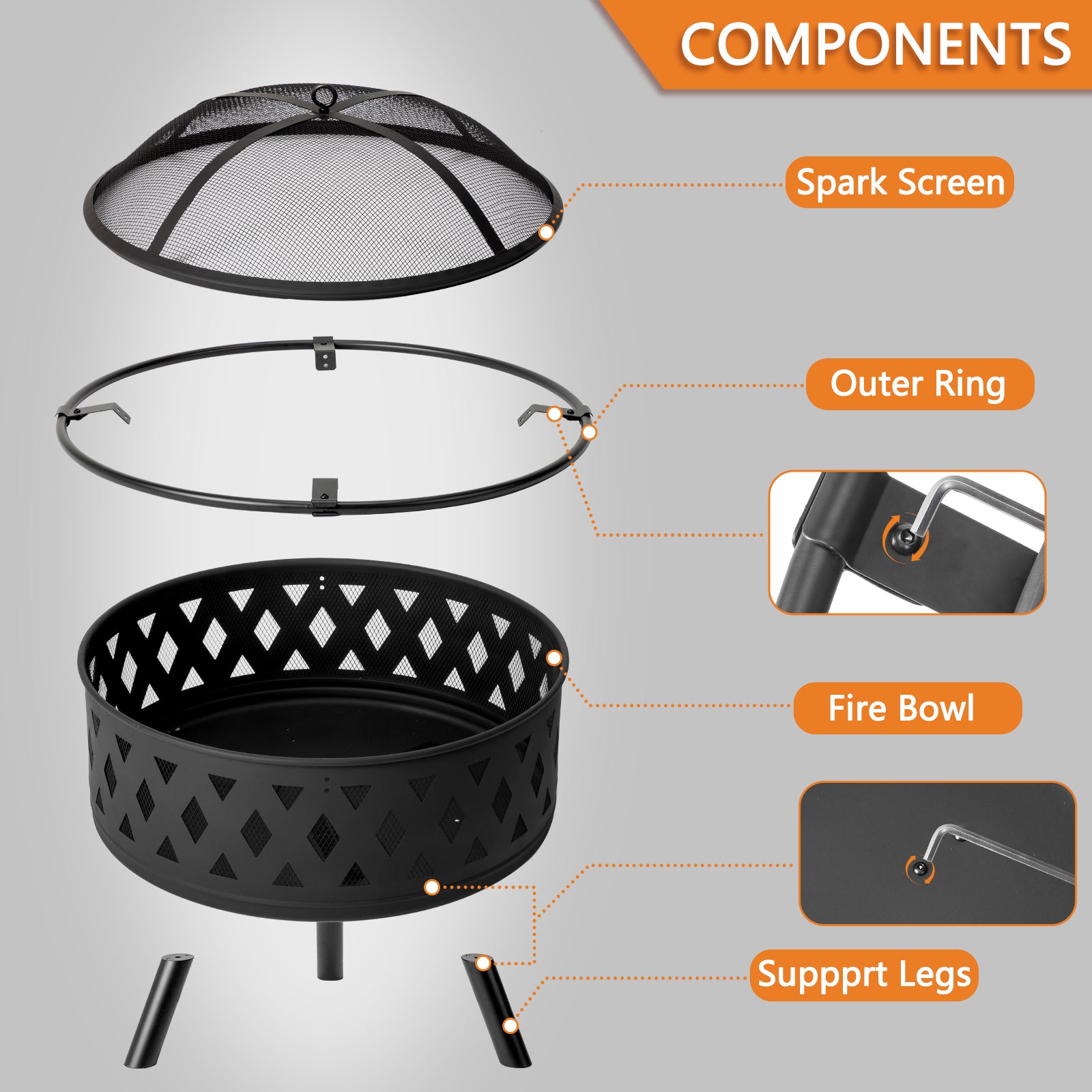 HAOYYE 32IN Metal Fire Pit Outdoor Wood Burning Fire Bowl with Spark Screen and Poker Black Steel Firepit for Backyard Patio Garden Deck Camping Bonfire Heating Durable Round Fire Pit for Cold Weather Gathering