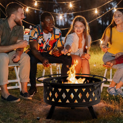 HAOYYE 32IN Metal Fire Pit Outdoor Wood Burning Fire Bowl with Spark Screen and Poker Black Steel Firepit for Backyard Patio Garden Deck Camping Bonfire Heating Durable Round Fire Pit for Cold Weather Gathering