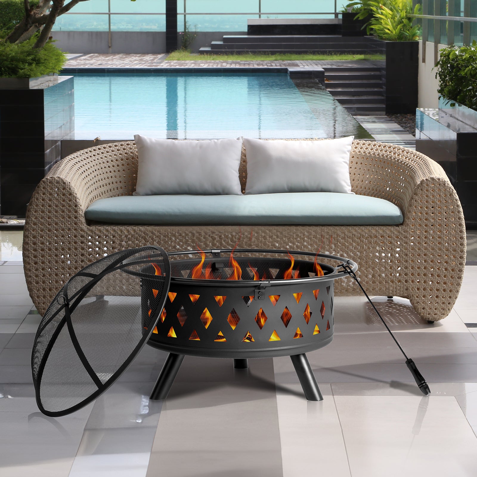 HAOYYE 32IN Metal Fire Pit Outdoor Wood Burning Fire Bowl with Spark Screen and Poker Black Steel Firepit for Backyard Patio Garden Deck Camping Bonfire Heating Durable Round Fire Pit for Cold Weather Gathering