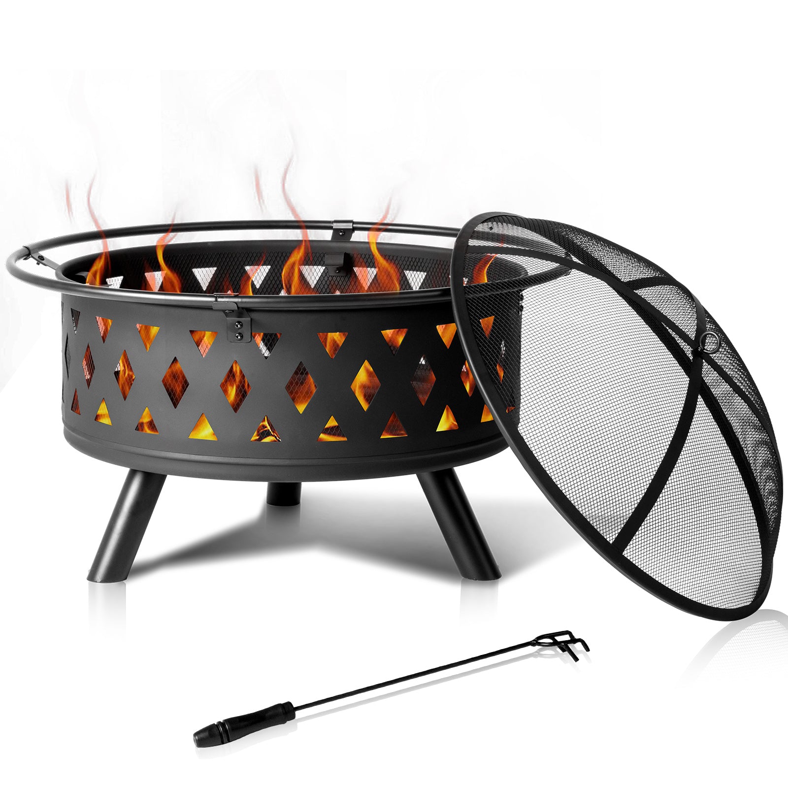 HAOYYE 32IN Metal Fire Pit Outdoor Wood Burning Fire Bowl with Spark Screen and Poker Black Steel Firepit for Backyard Patio Garden Deck Camping Bonfire Heating Durable Round Fire Pit for Cold Weather Gathering