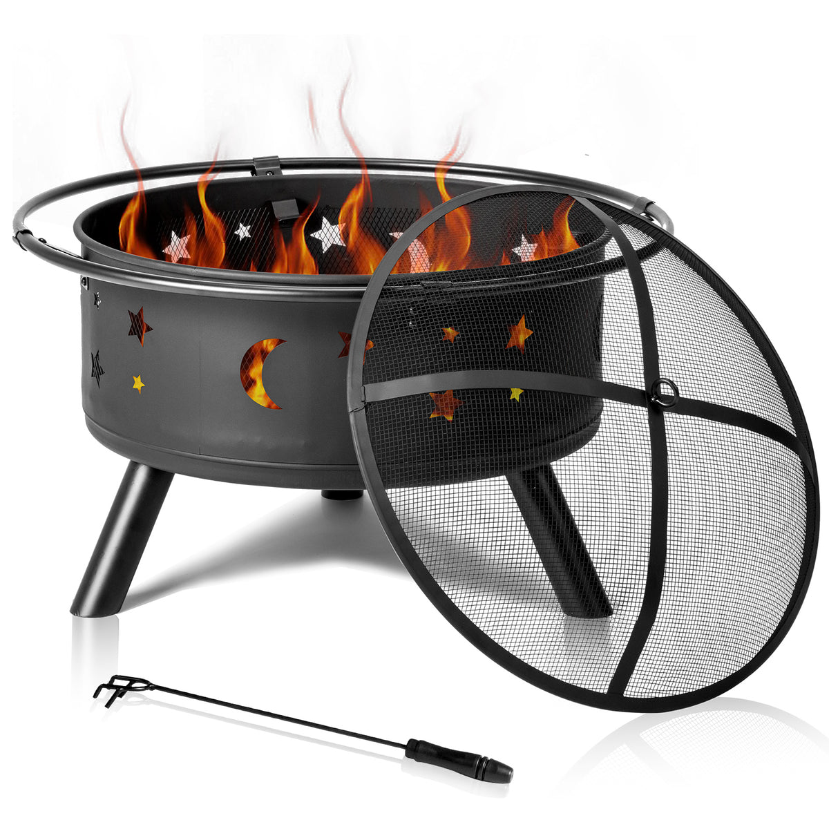 HAOYYE Outdoor Metal Fire Pit Square Wood Burning Fire Bowl with Mesh Lid and Poker for Patio Garden Deck Backyard Bonfire Heater Easy Assembly