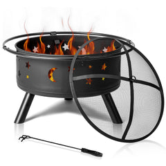 HAOYYE Outdoor Metal Fire Pit Square Wood Burning Fire Bowl with Mesh Lid and Poker for Patio Garden Deck Backyard Bonfire Heater Easy Assembly