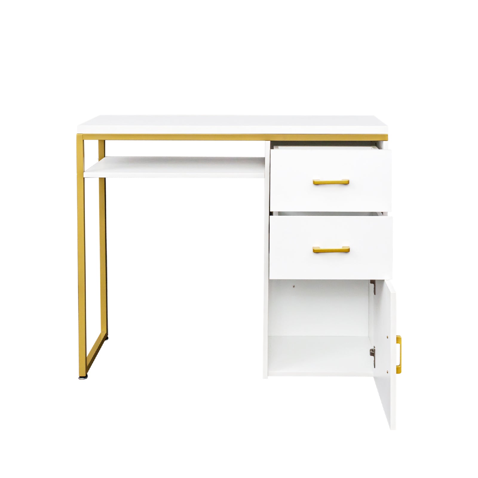 HAOYYE White Particleboard Computer Desk with Sturdy Iron Pipe Frame, Featuring 2 Drawers and 1 Door, Modern Multi-Functional Home Office Desk Suitable for Living Room, Study, Bedroom, and Workspace Storage Solution