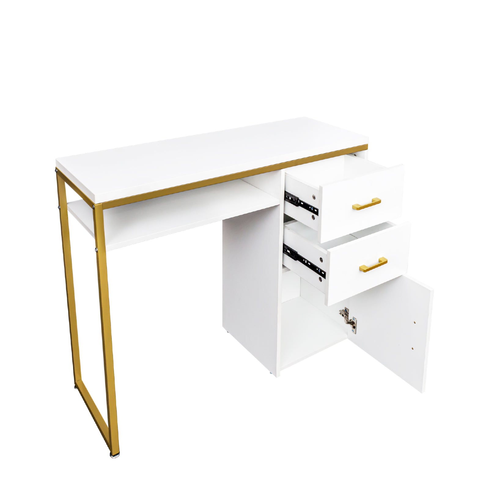 HAOYYE White Particleboard Computer Desk with Sturdy Iron Pipe Frame, Featuring 2 Drawers and 1 Door, Modern Multi-Functional Home Office Desk Suitable for Living Room, Study, Bedroom, and Workspace Storage Solution