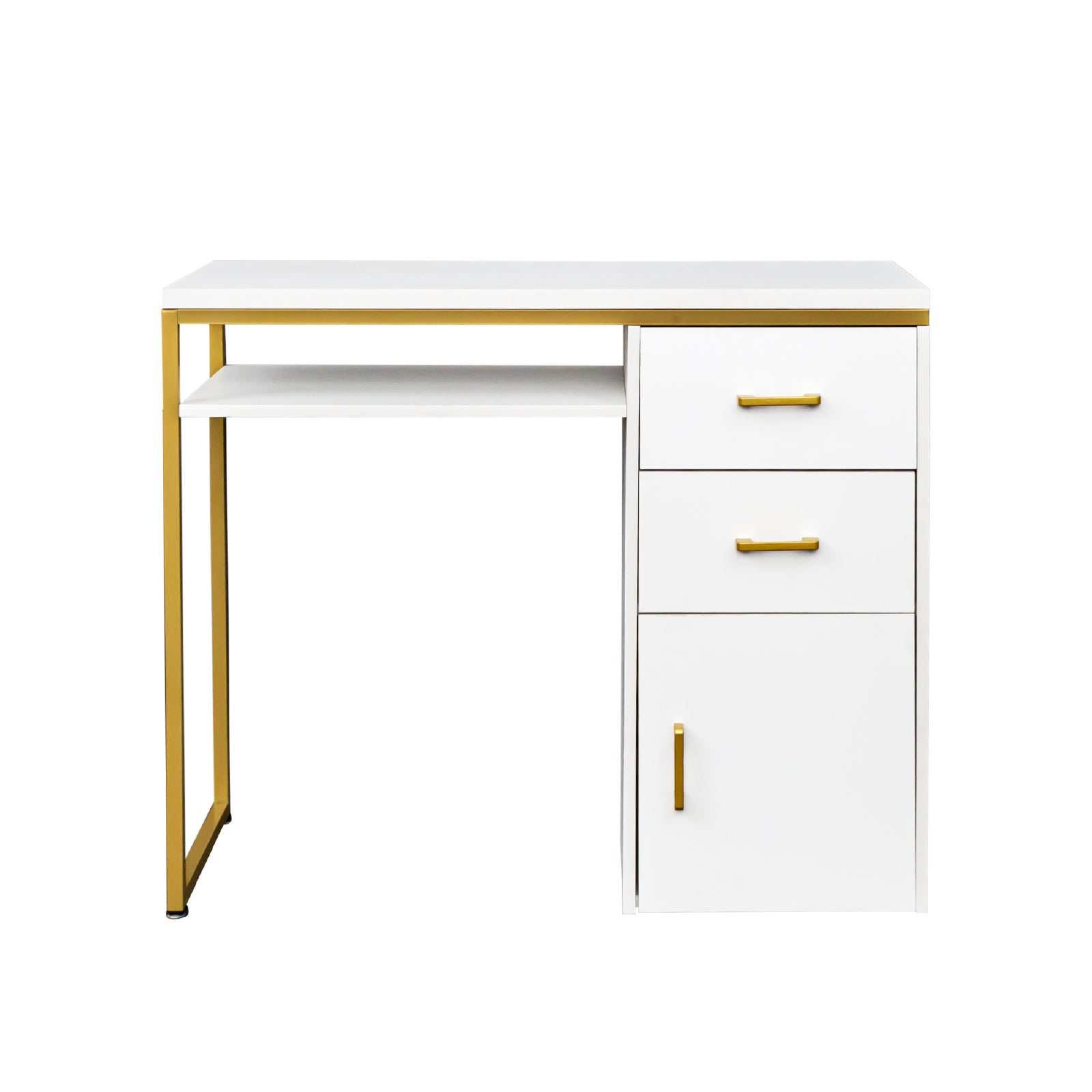 HAOYYE White Particleboard Computer Desk with Sturdy Iron Pipe Frame, Featuring 2 Drawers and 1 Door, Modern Multi-Functional Home Office Desk Suitable for Living Room, Study, Bedroom, and Workspace Storage Solution
