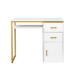HAOYYE White Particleboard Computer Desk with Sturdy Iron Pipe Frame, Featuring 2 Drawers and 1 Door, Modern Multi-Functional Home Office Desk Suitable for Living Room, Study, Bedroom, and Workspace Storage Solution
