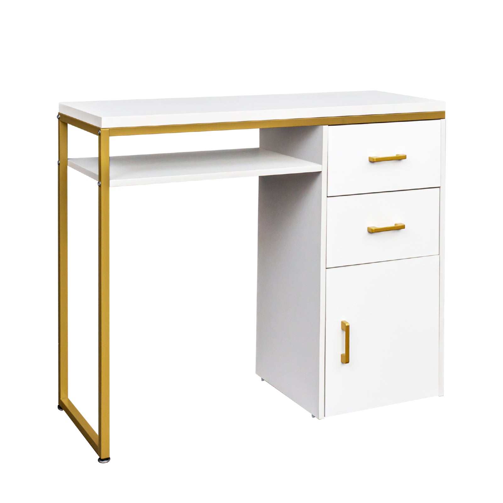 HAOYYE White Particleboard Computer Desk with Sturdy Iron Pipe Frame, Featuring 2 Drawers and 1 Door, Modern Multi-Functional Home Office Desk Suitable for Living Room, Study, Bedroom, and Workspace Storage Solution