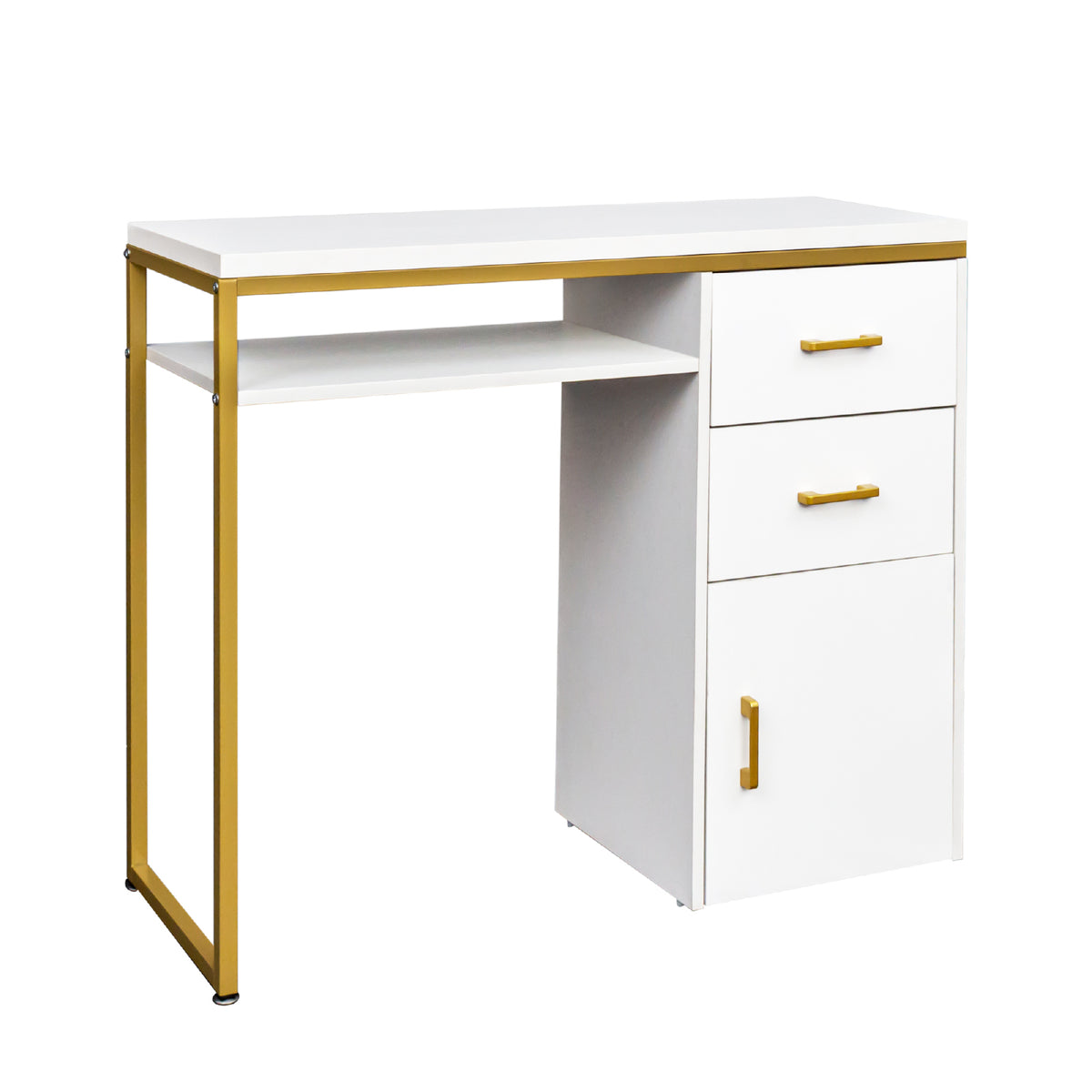 HAOYYE White Particleboard Computer Desk with Sturdy Iron Pipe Frame, Featuring 2 Drawers and 1 Door, Modern Multi-Functional Home Office Desk Suitable for Living Room, Study, Bedroom, and Workspace Storage Solution