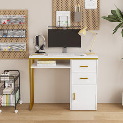 HAOYYE White Particleboard Computer Desk with Sturdy Iron Pipe Frame, Featuring 2 Drawers and 1 Door, Modern Multi-Functional Home Office Desk Suitable for Living Room, Study, Bedroom, and Workspace Storage Solution