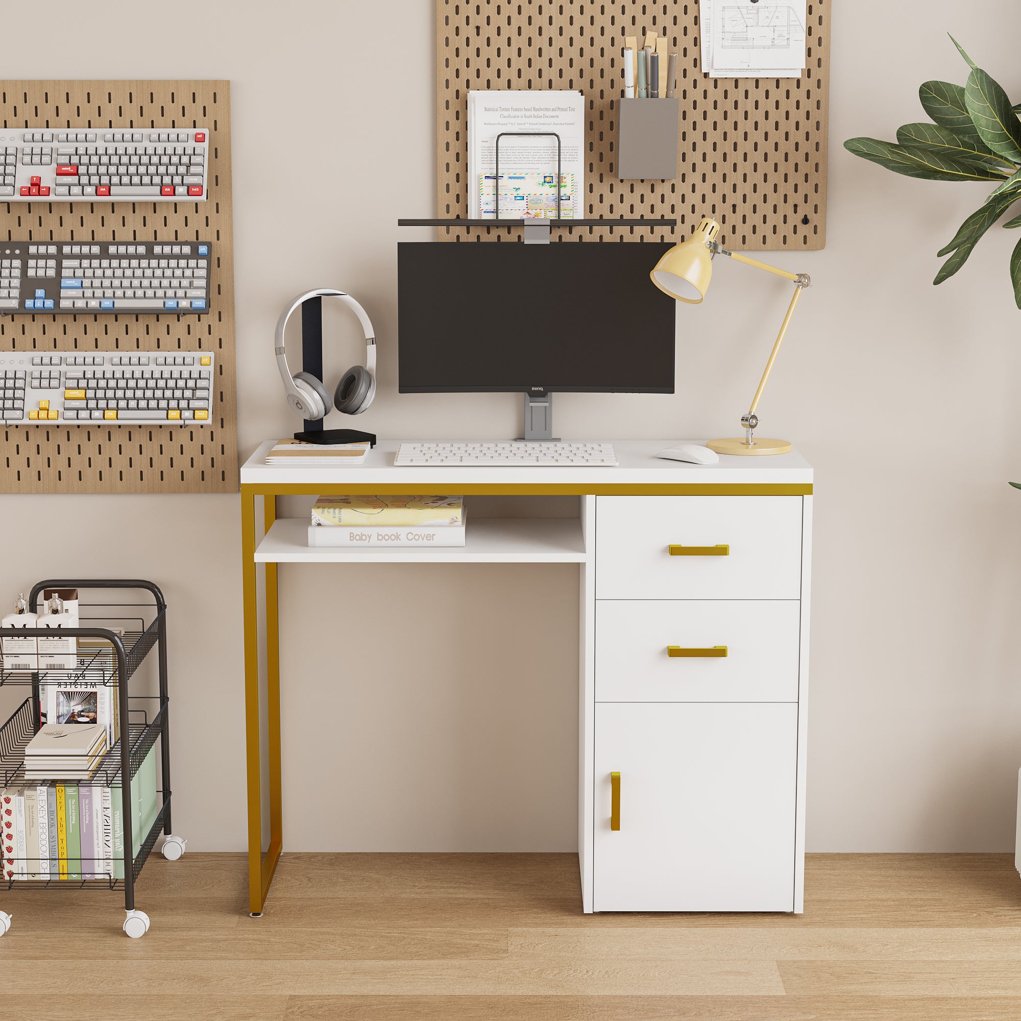 HAOYYE White Particleboard Computer Desk with Sturdy Iron Pipe Frame, Featuring 2 Drawers and 1 Door, Modern Multi-Functional Home Office Desk Suitable for Living Room, Study, Bedroom, and Workspace Storage Solution
