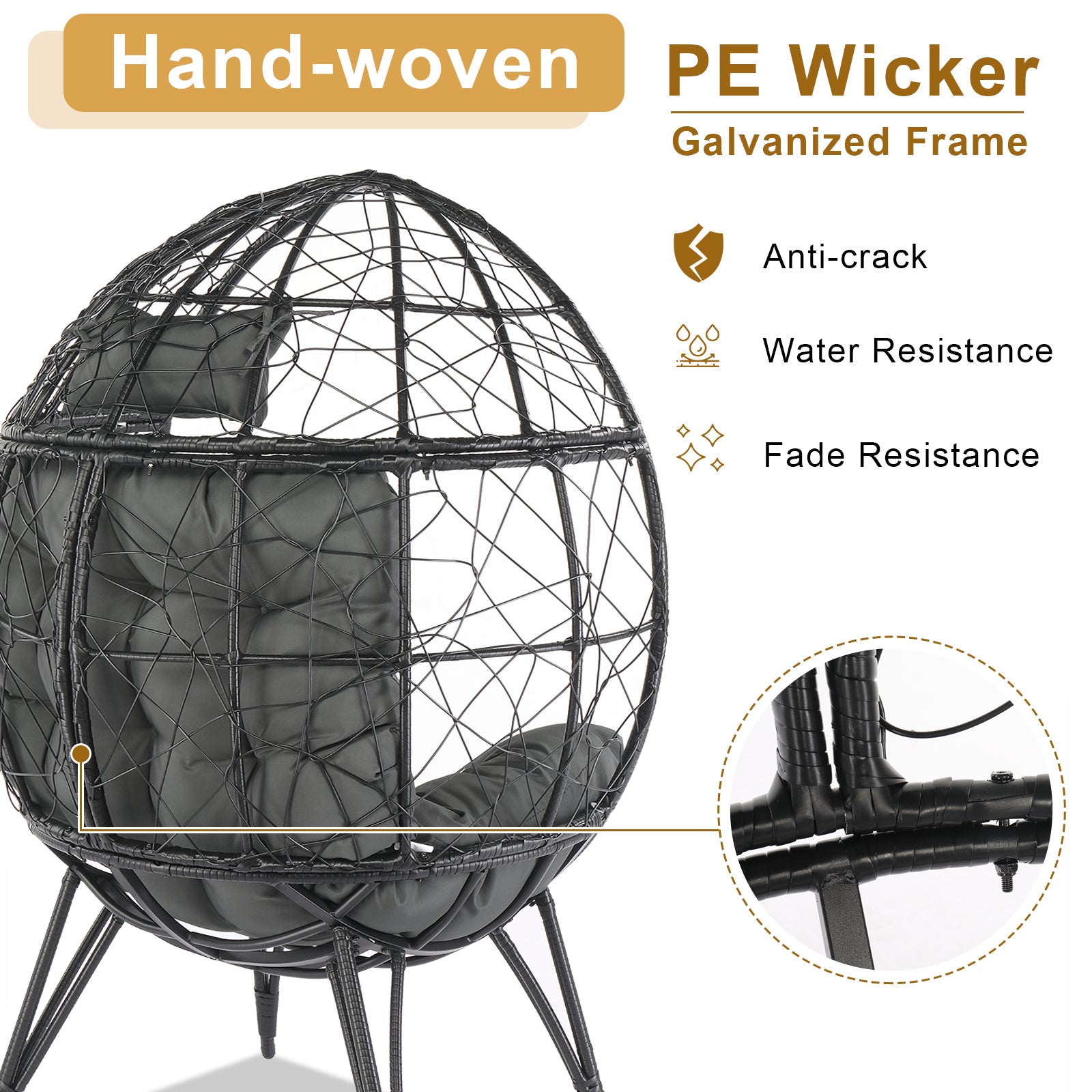Haoyye Wicker Egg Chair Oversized Indoor Outdoor Lounge Chair with Soft Cushions Teardrop Rattan Cuddle Seat for Patio Porch Backyard Balcony Living Room Cozy Relaxing Furniture for Home or Garden Use