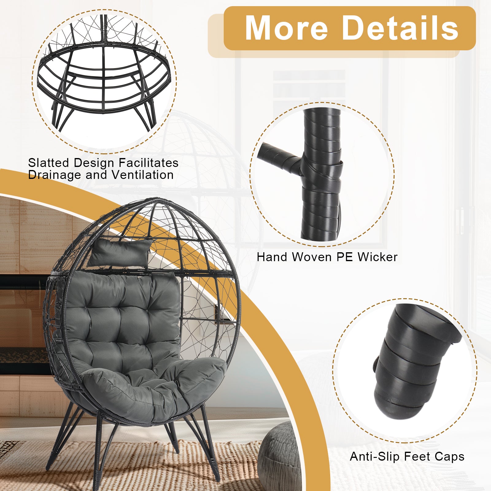 Haoyye Wicker Egg Chair Oversized Indoor Outdoor Lounge Chair with Soft Cushions Teardrop Rattan Cuddle Seat for Patio Porch Backyard Balcony Living Room Cozy Relaxing Furniture for Home or Garden Use