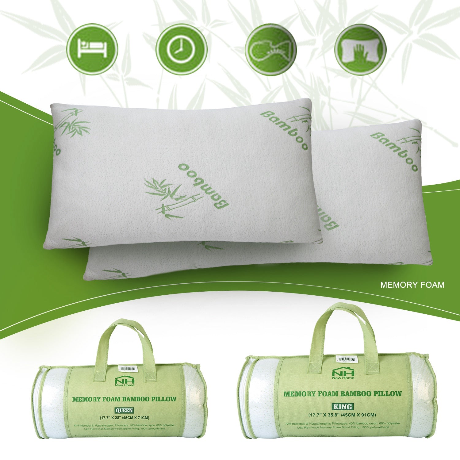 HAOYYE 2-Pack Bamboo Memory Foam Pillows, Hypoallergenic Bed Pillows for Head and Neck Support, Shredded Pillow with Washable Cover, Queen Size, Soft and Comfortable for Restful Sleep, Luxury Home Bedding Accessory