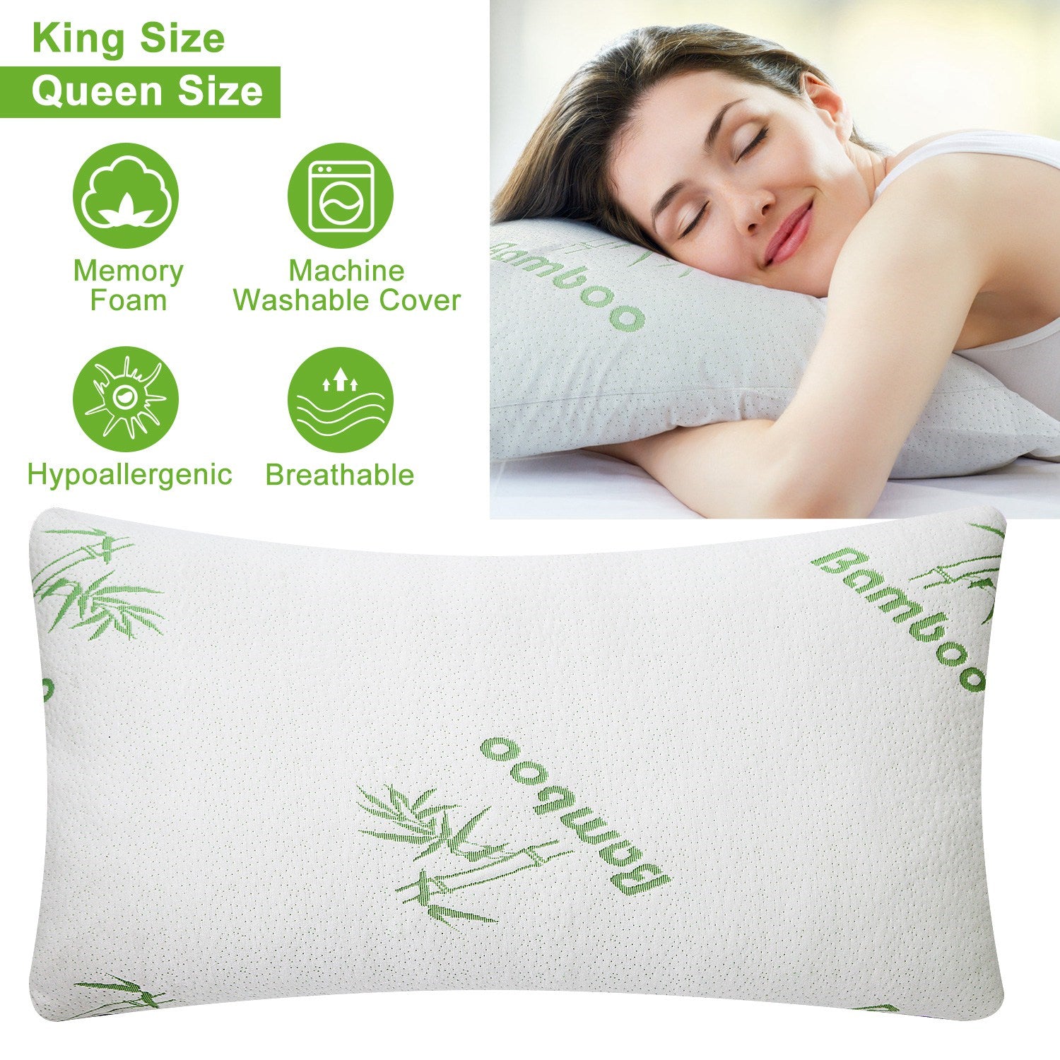 HAOYYE 2-Pack Bamboo Memory Foam Pillows, Hypoallergenic Bed Pillows for Head and Neck Support, Shredded Pillow with Washable Cover, Queen Size, Soft and Comfortable for Restful Sleep, Luxury Home Bedding Accessory