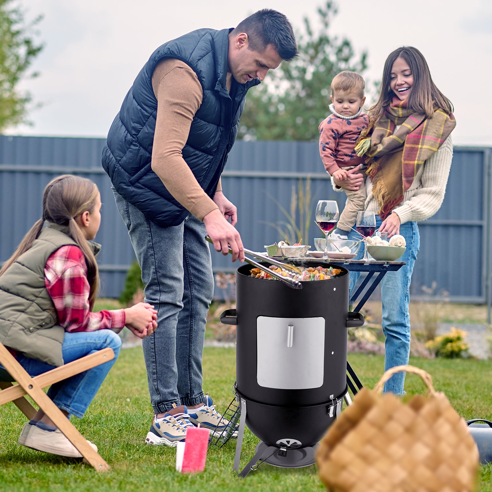 HAOYYE Vertical Steel Charcoal Smoker with Thermometer, 3-Layer Heavy Duty BBQ Grill Smoker Cooker for Outdoor Cooking, Black Barrel BBQ Grill with Adjustable Vents and Large Capacity