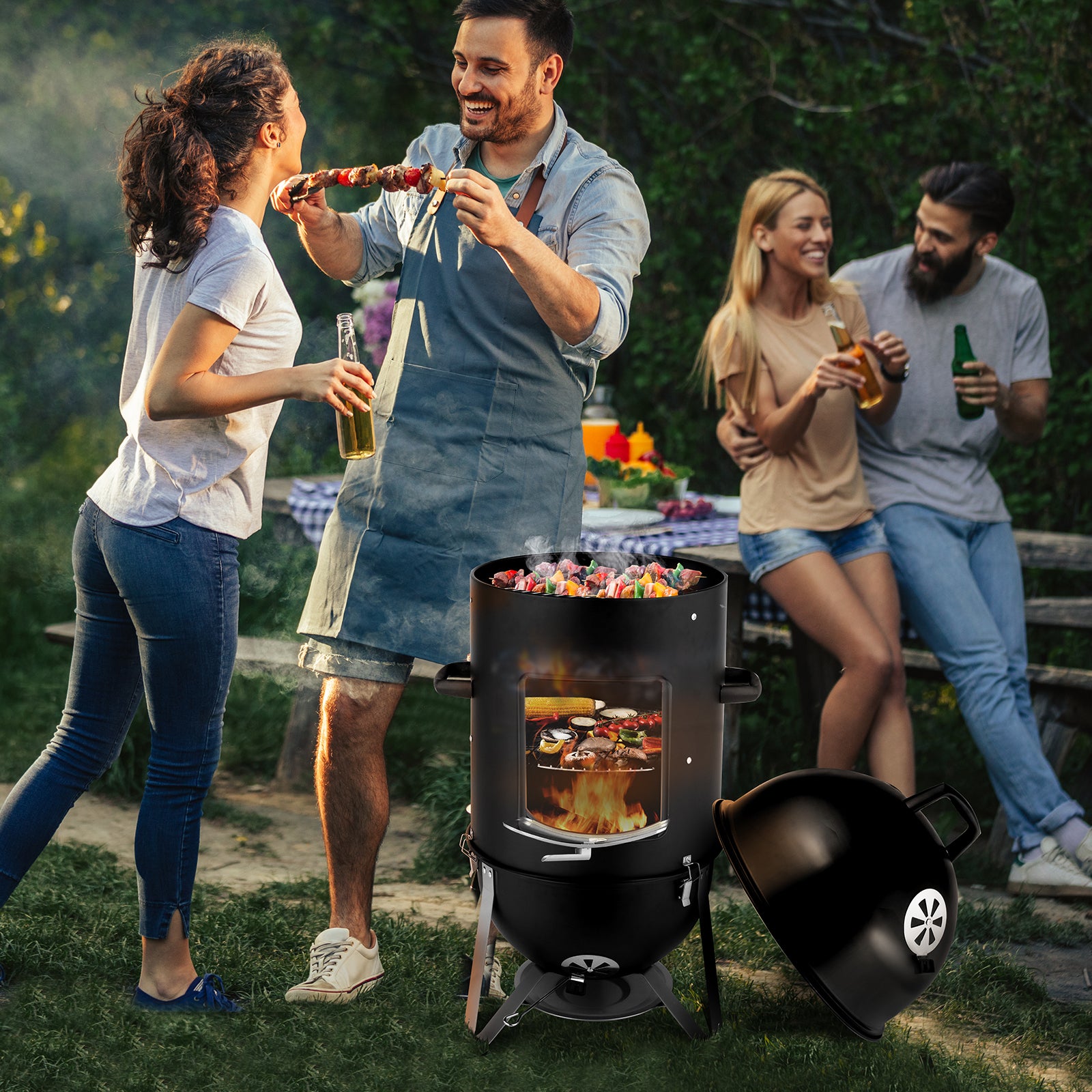 HAOYYE Vertical Steel Charcoal Smoker with Thermometer, 3-Layer Heavy Duty BBQ Grill Smoker Cooker for Outdoor Cooking, Black Barrel BBQ Grill with Adjustable Vents and Large Capacity
