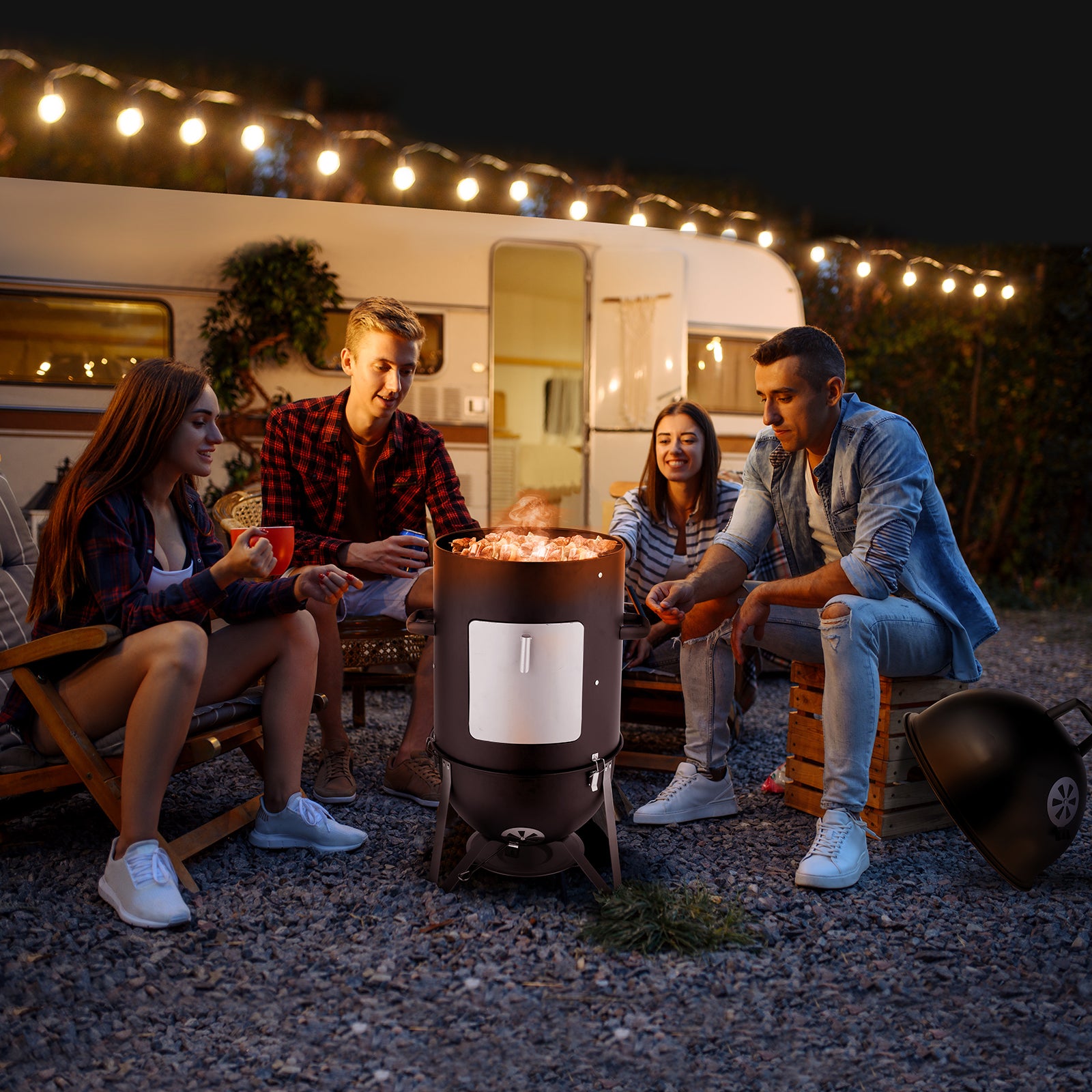 HAOYYE Vertical Steel Charcoal Smoker with Thermometer, 3-Layer Heavy Duty BBQ Grill Smoker Cooker for Outdoor Cooking, Black Barrel BBQ Grill with Adjustable Vents and Large Capacity