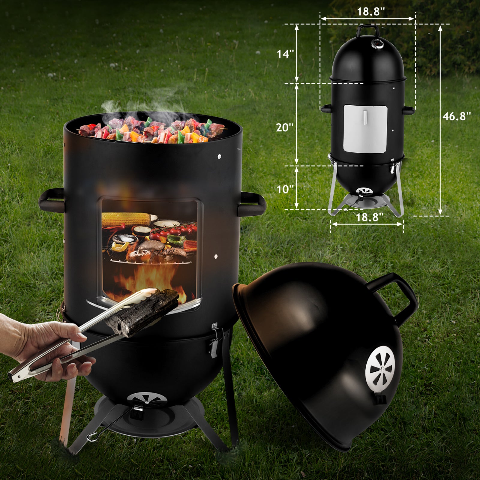 HAOYYE Vertical Steel Charcoal Smoker with Thermometer, 3-Layer Heavy Duty BBQ Grill Smoker Cooker for Outdoor Cooking, Black Barrel BBQ Grill with Adjustable Vents and Large Capacity