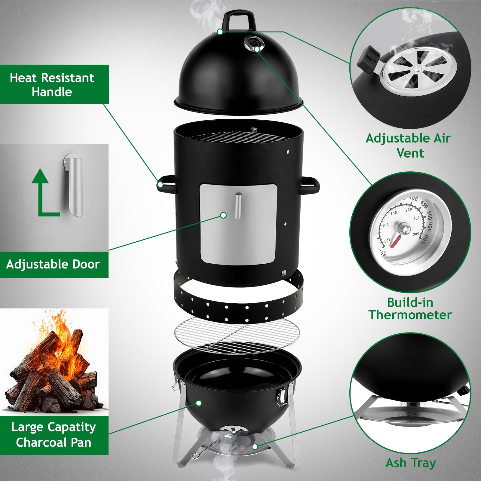 HAOYYE Vertical Steel Charcoal Smoker with Thermometer, 3-Layer Heavy Duty BBQ Grill Smoker Cooker for Outdoor Cooking, Black Barrel BBQ Grill with Adjustable Vents and Large Capacity
