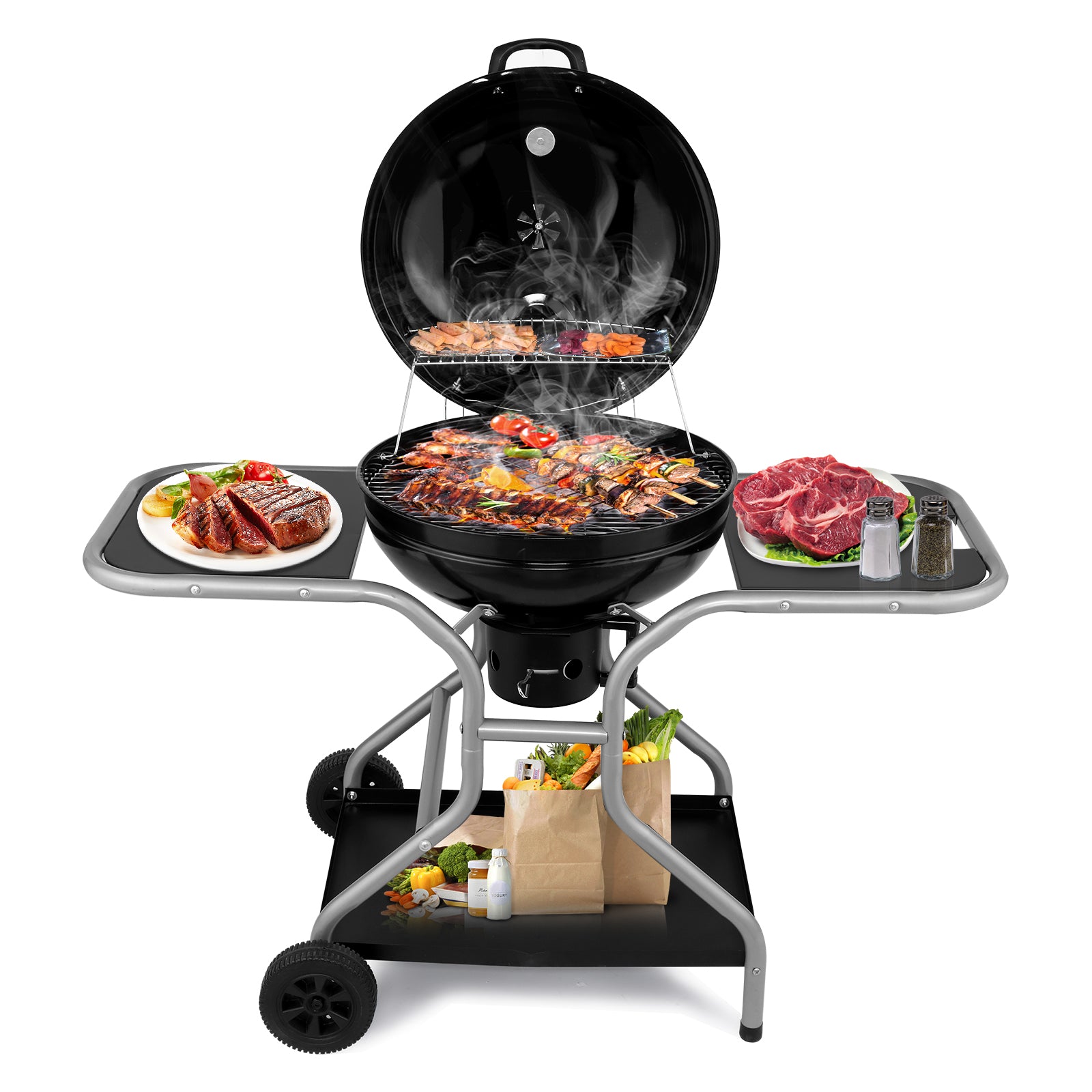 HAOYYE Charcoal Grill with Side Tables and Storage Shelf Outdoor BBQ Grill with Thermometer Ash Catcher Air Vents Wheels Folding Portable Design for Backyard Camping Cooking Patio Barbecue Party Use