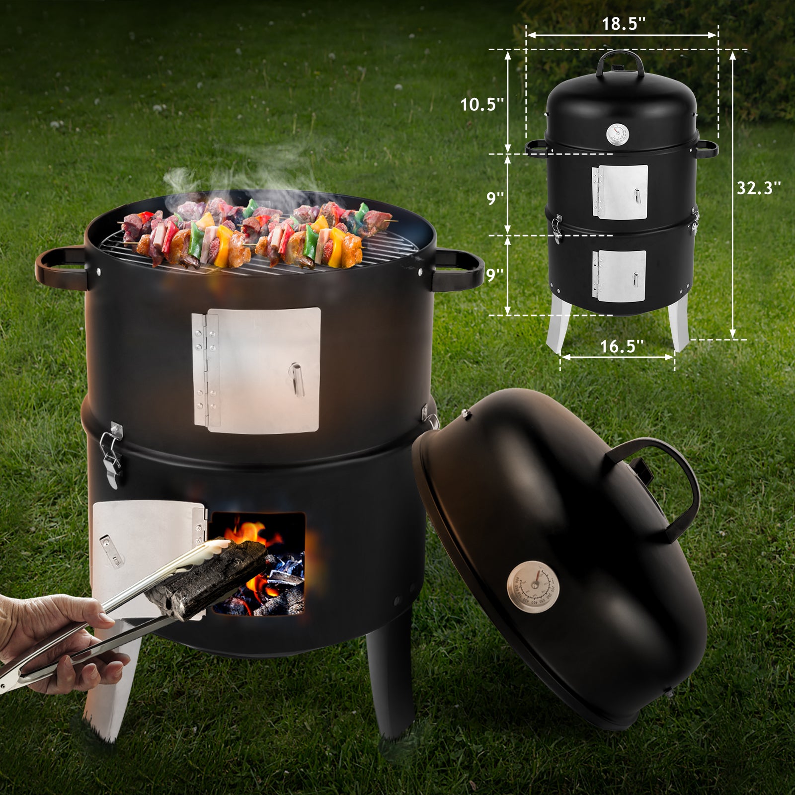 HAOYYE Black Vertical Charcoal Smoker Grill with Double Layer Design, Thermometer, Adjustable Air Vents and Lid, Ideal for Outdoor Backyard Patio Camping BBQ Cooking, Heavy Duty and Easy to Clean