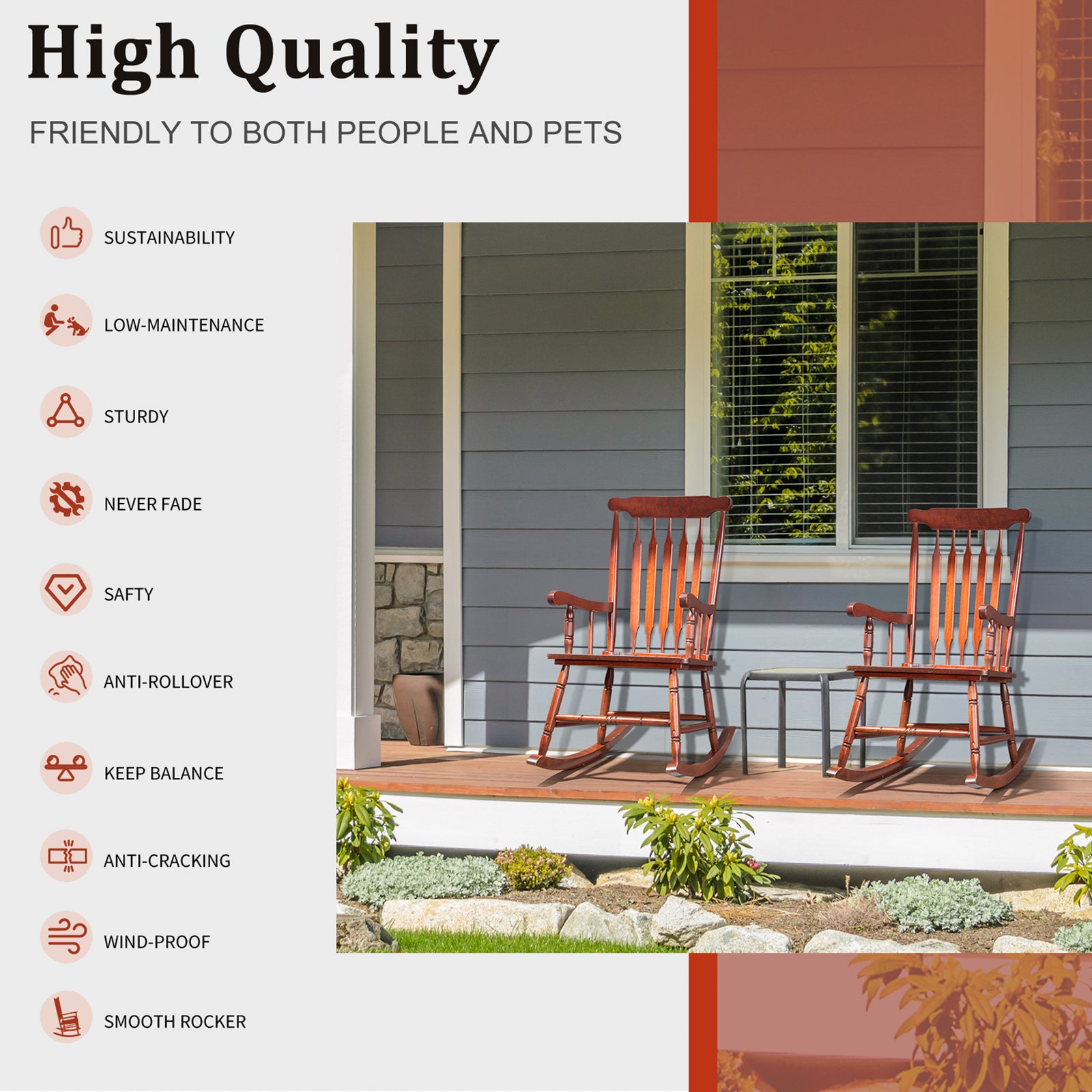HAOYYE Patio Rocking Chair Solid Wood, Outdoor Porch Rocker Chair with Sturdy Wooden Frame, Comfortable Indoor Wooden Rocking Chair for Garden, Backyard, or Balcony, Elegant Brown Design for Relaxation and Style