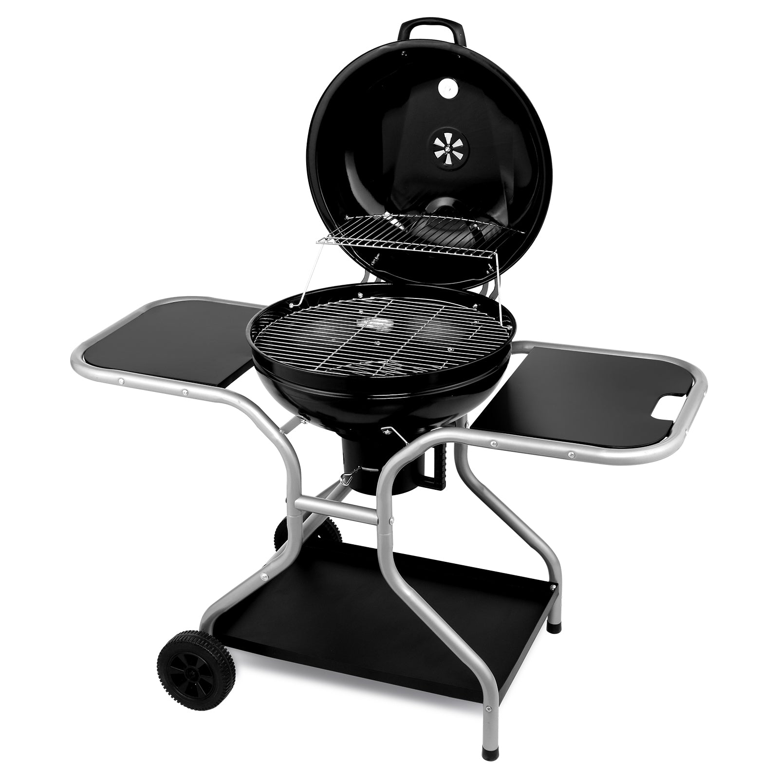 HAOYYE Charcoal Grill with Side Tables and Storage Shelf Outdoor BBQ Grill with Thermometer Ash Catcher Air Vents Wheels Folding Portable Design for Backyard Camping Cooking Patio Barbecue Party Use