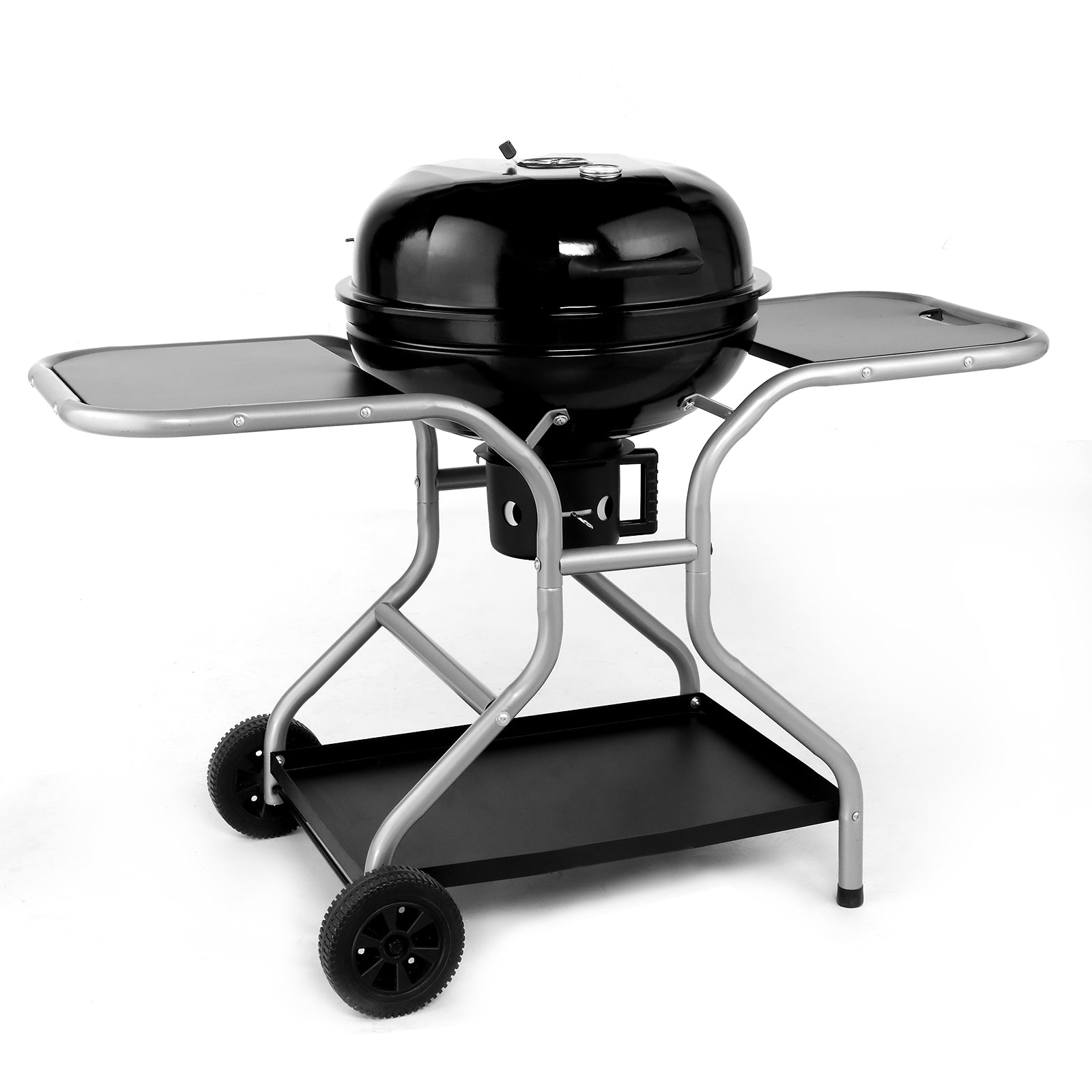HAOYYE Charcoal Grill with Side Tables and Storage Shelf Outdoor BBQ Grill with Thermometer Ash Catcher Air Vents Wheels Folding Portable Design for Backyard Camping Cooking Patio Barbecue Party Use