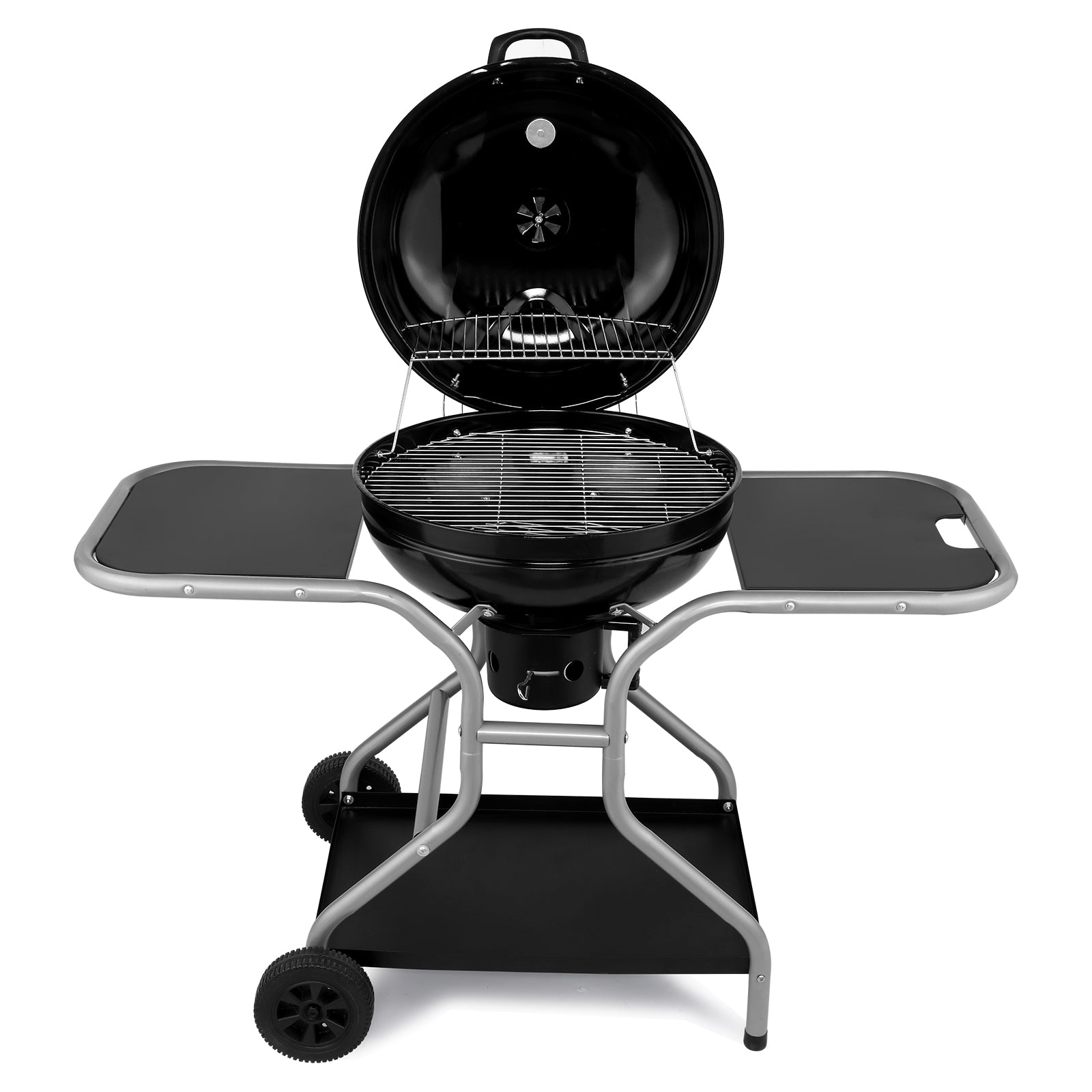 HAOYYE Charcoal Grill with Side Tables and Storage Shelf Outdoor BBQ Grill with Thermometer Ash Catcher Air Vents Wheels Folding Portable Design for Backyard Camping Cooking Patio Barbecue Party Use