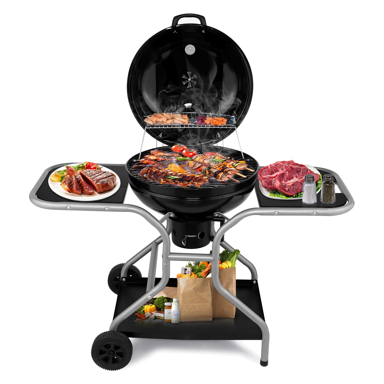 HAOYYE Charcoal Grill with Side Tables and Storage Shelf Outdoor BBQ Grill with Thermometer Ash Catcher Air Vents Wheels Folding Portable Design for Backyard Camping Cooking Patio Barbecue Party Use