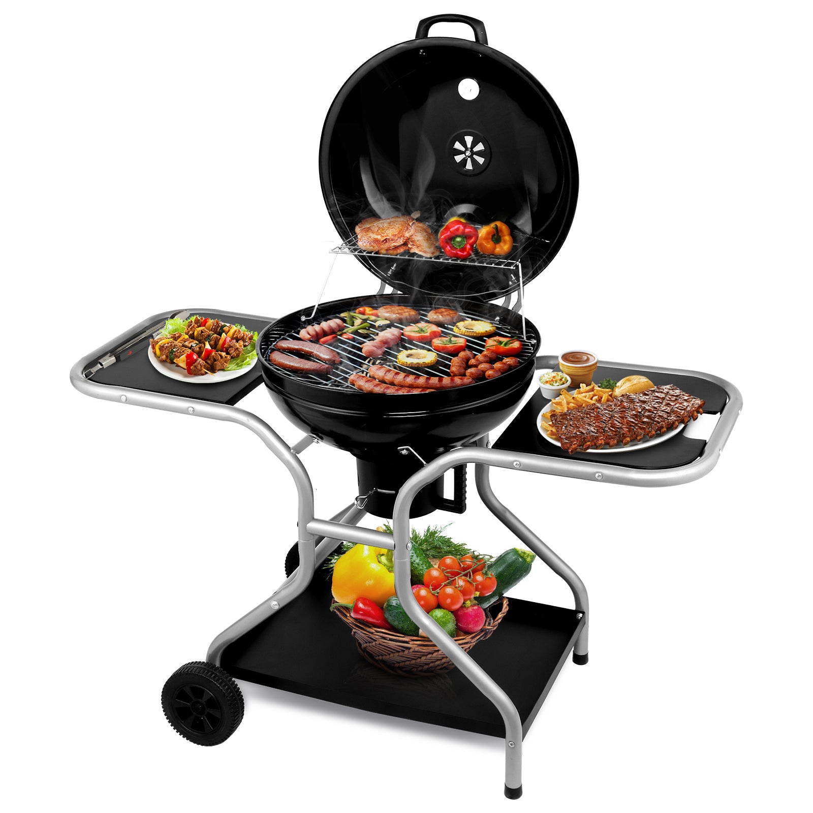 HAOYYE Charcoal Grill with Side Tables and Storage Shelf Outdoor BBQ Grill with Thermometer Ash Catcher Air Vents Wheels Folding Portable Design for Backyard Camping Cooking Patio Barbecue Party Use