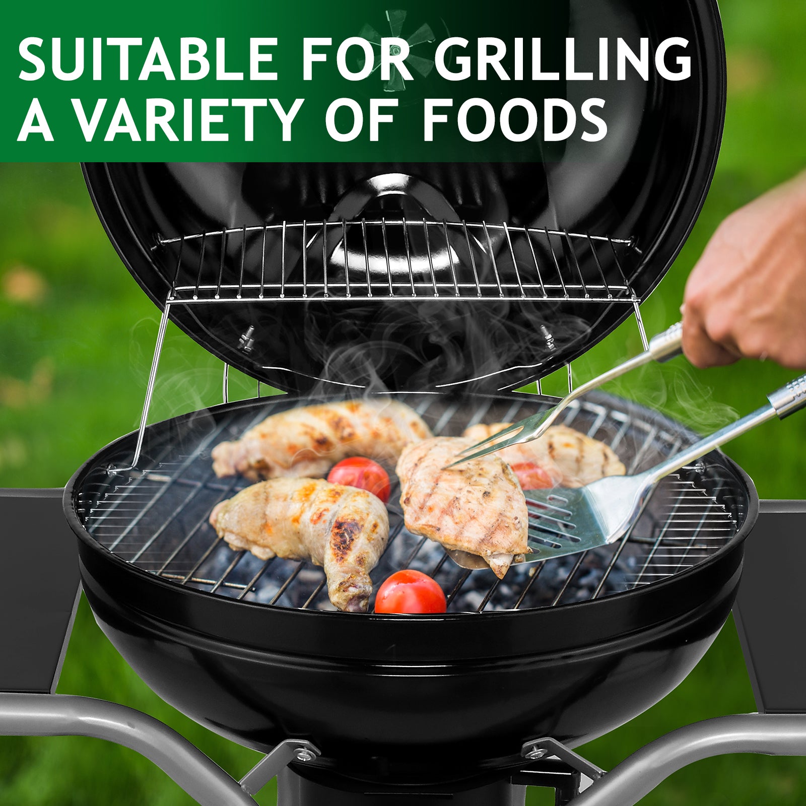 HAOYYE Charcoal Grill with Side Tables and Storage Shelf Outdoor BBQ Grill with Thermometer Ash Catcher Air Vents Wheels Folding Portable Design for Backyard Camping Cooking Patio Barbecue Party Use