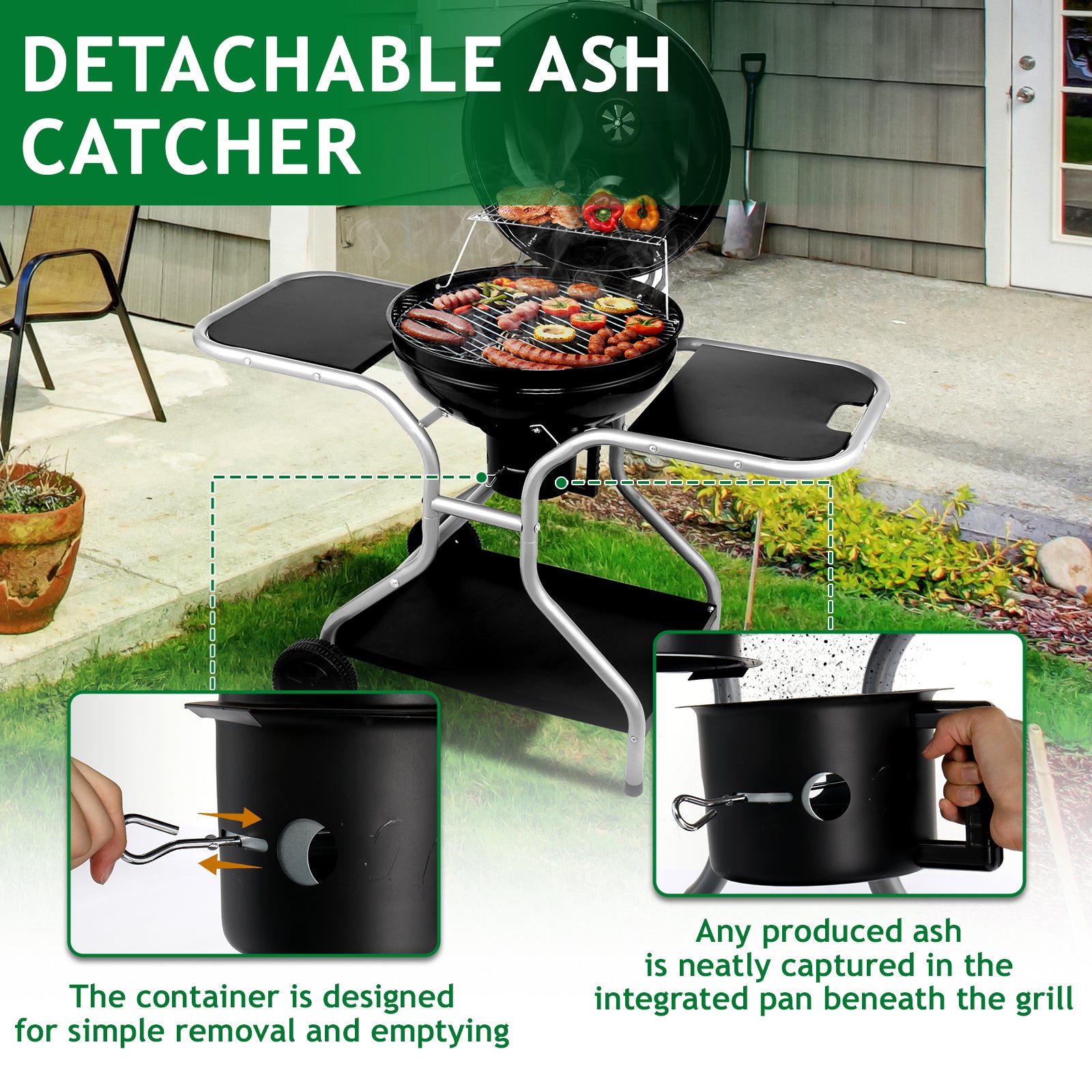 HAOYYE Charcoal Grill with Side Tables and Storage Shelf Outdoor BBQ Grill with Thermometer Ash Catcher Air Vents Wheels Folding Portable Design for Backyard Camping Cooking Patio Barbecue Party Use