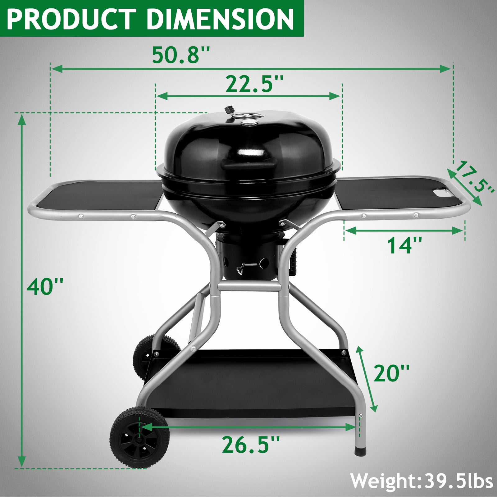 HAOYYE Charcoal Grill with Side Tables and Storage Shelf Outdoor BBQ Grill with Thermometer Ash Catcher Air Vents Wheels Folding Portable Design for Backyard Camping Cooking Patio Barbecue Party Use