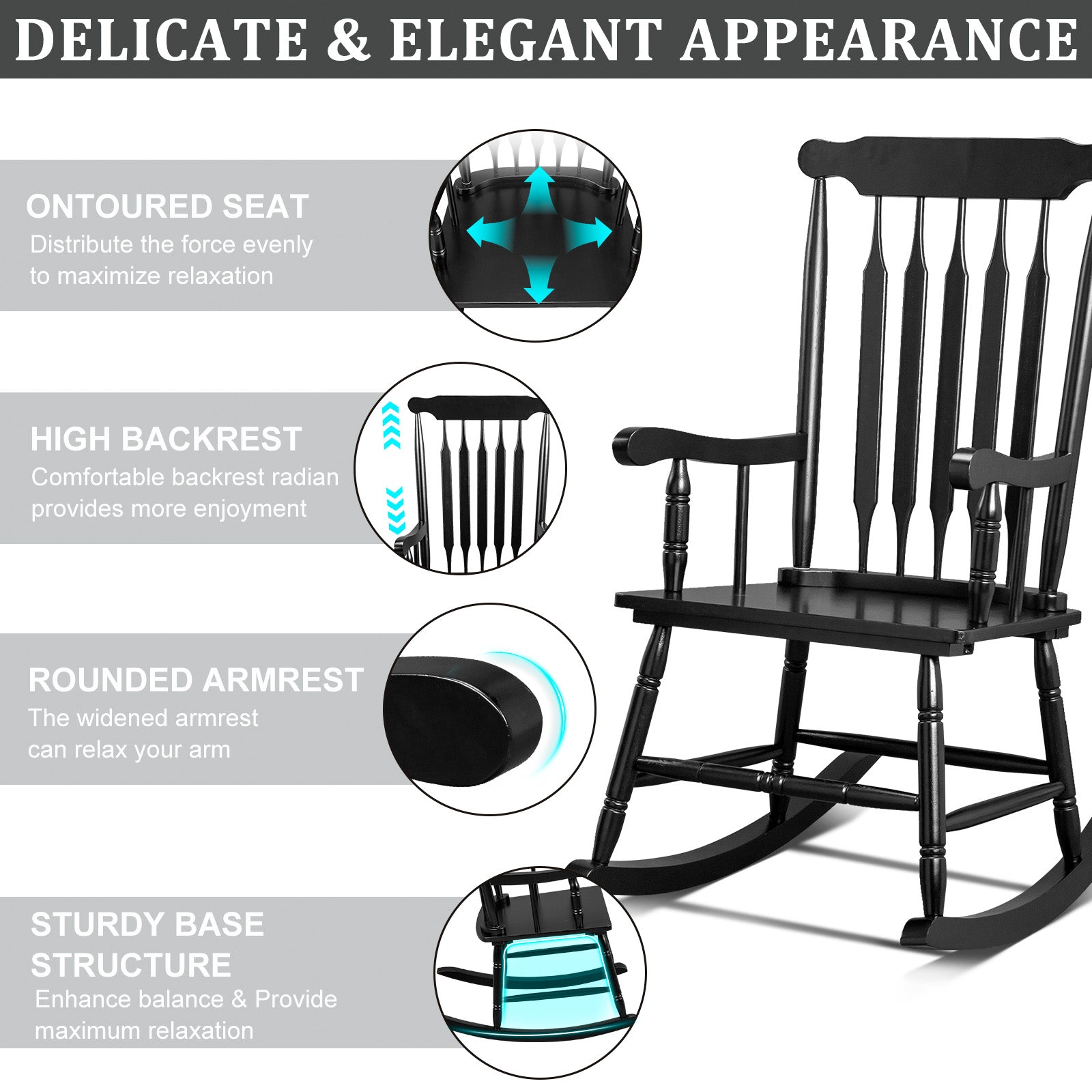 HAOYYE Patio Rocking Chair Solid Wood, Outdoor Porch Rocker Chair with Sturdy Wooden Frame, Comfortable Indoor Wooden Rocking Chair for Garden, Backyard, or Balcony, Elegant Brown Design for Relaxation and Style