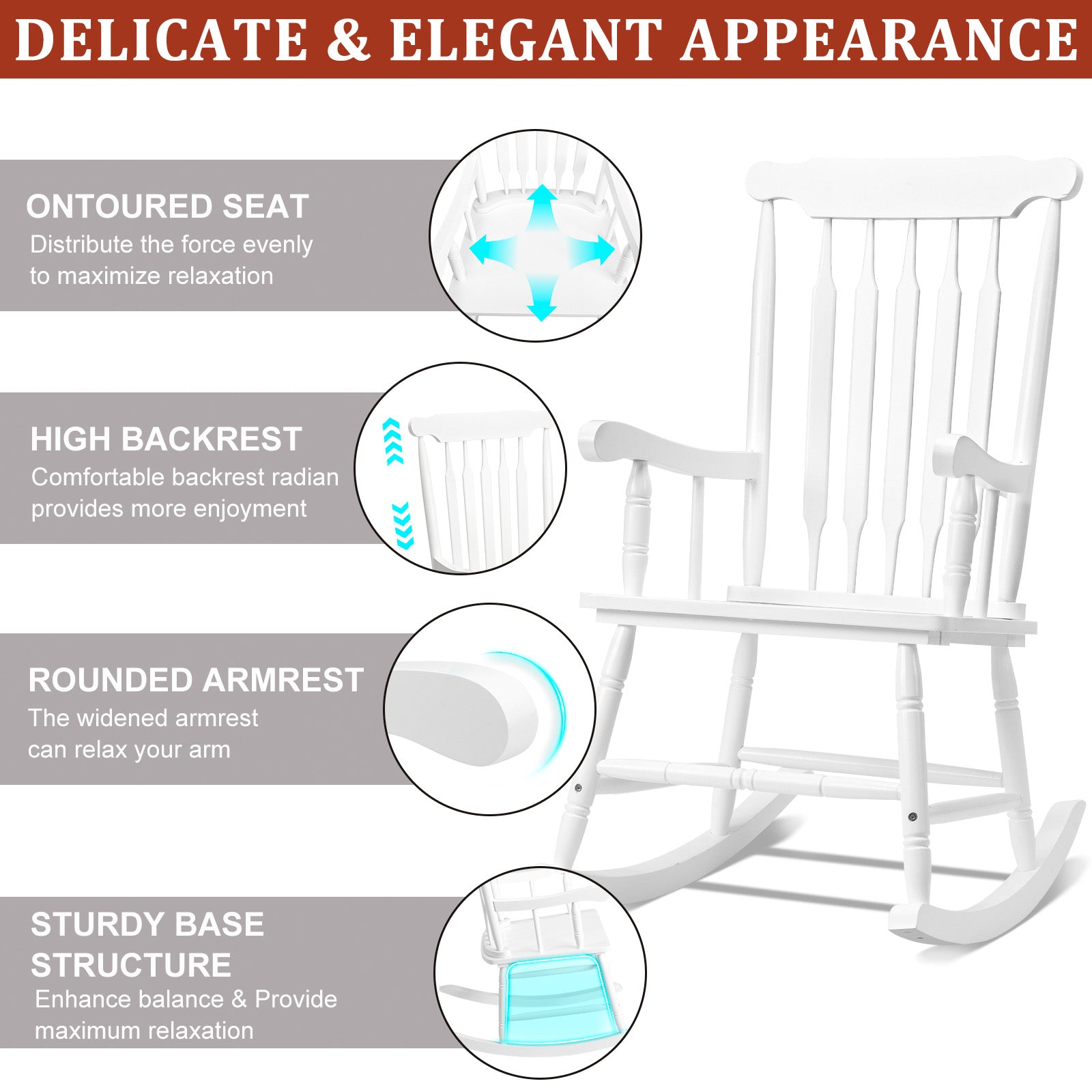 HAOYYE Patio Rocking Chair Solid Wood, Outdoor Porch Rocker Chair with Sturdy Wooden Frame, Comfortable Indoor Wooden Rocking Chair for Garden, Backyard, or Balcony, Elegant Brown Design for Relaxation and Style