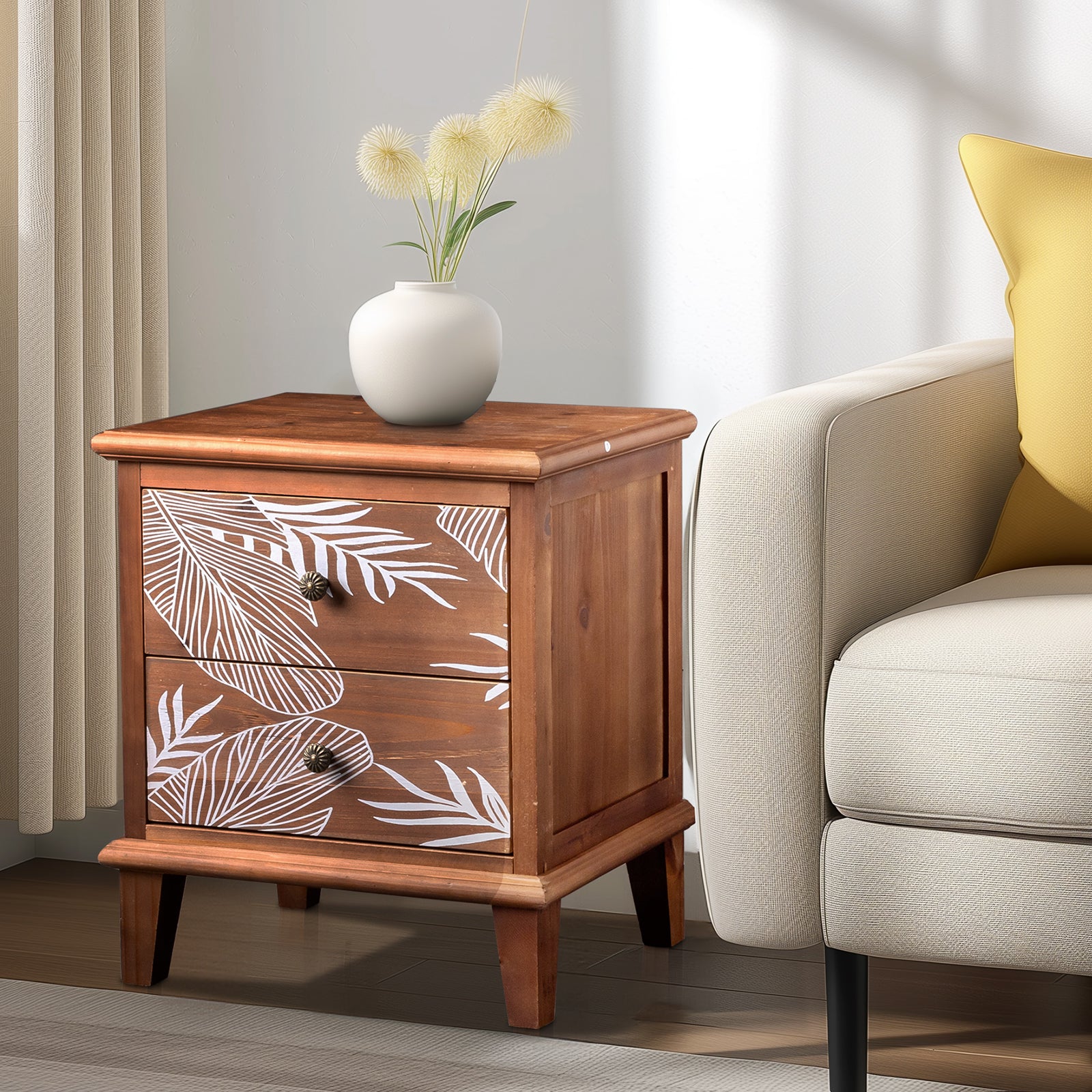 HAOYYE 2-Drawer Wood Nightstand, Bohemian Style Side Table with Storage, Rustic Wood Bedside Table for Bedroom, Living Room, Modern Retro Accent Table with Natural Wood Grain, Compact and Durable Design for Small Spaces