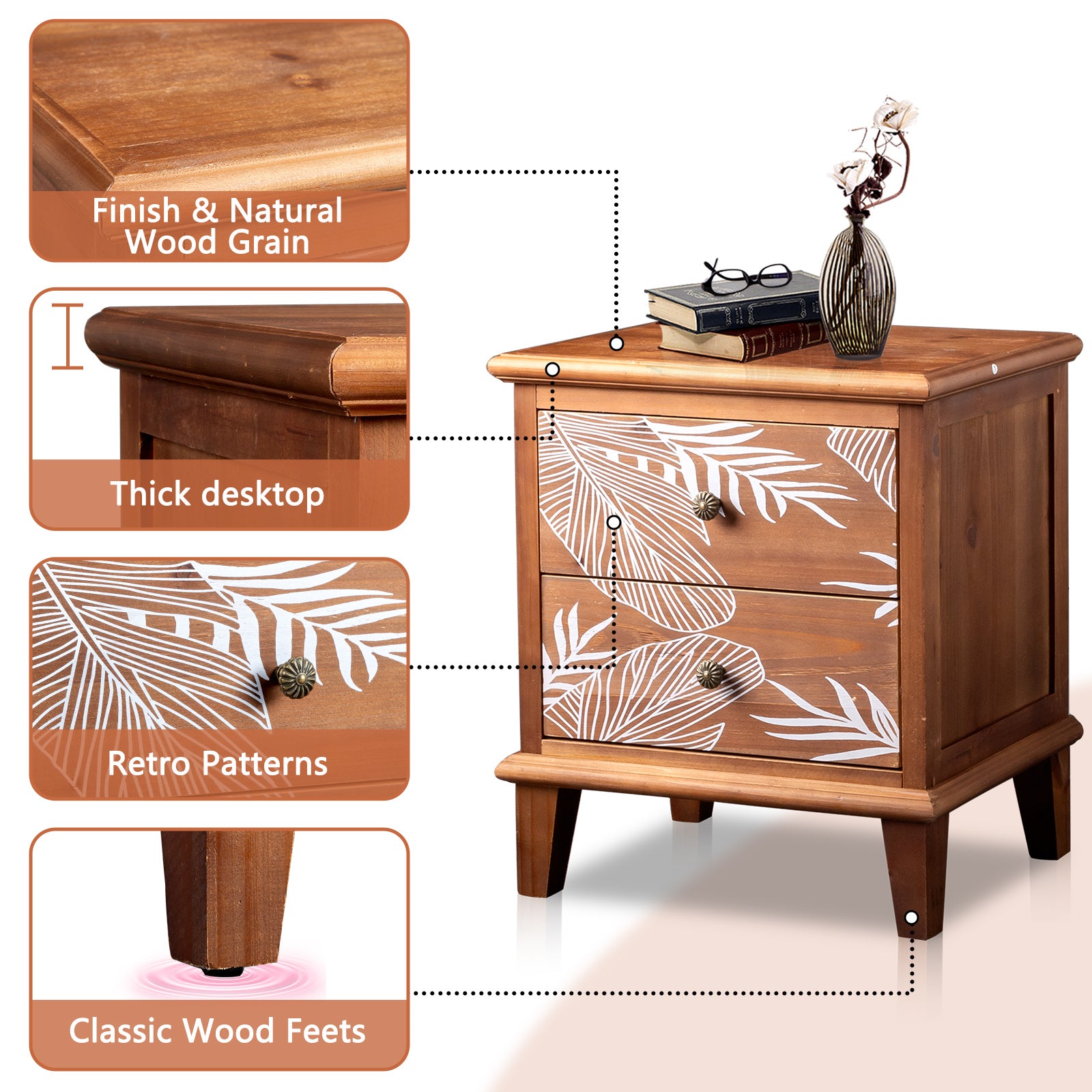 HAOYYE 2-Drawer Wood Nightstand, Bohemian Style Side Table with Storage, Rustic Wood Bedside Table for Bedroom, Living Room, Modern Retro Accent Table with Natural Wood Grain, Compact and Durable Design for Small Spaces