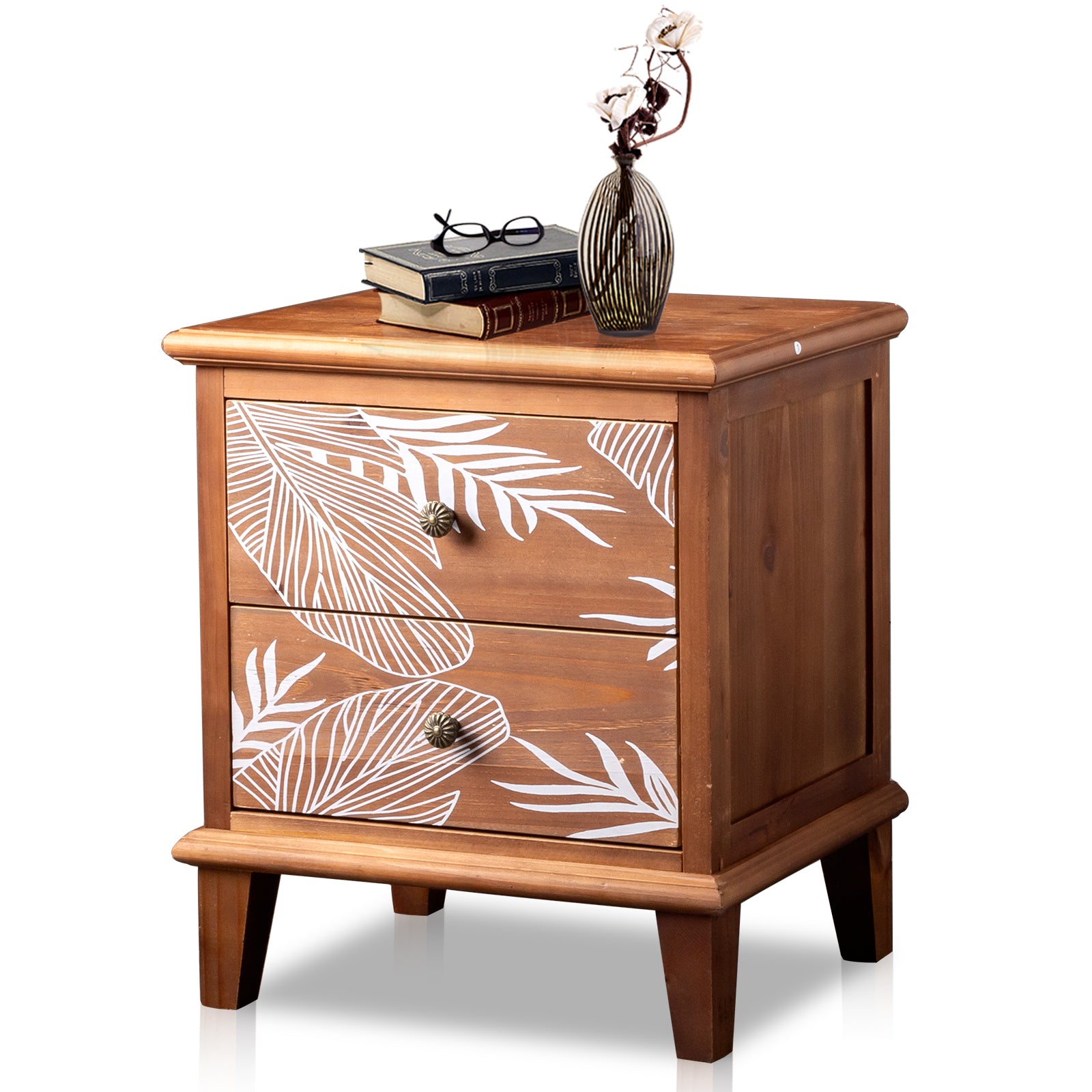 HAOYYE 2-Drawer Wood Nightstand, Bohemian Style Side Table with Storage, Rustic Wood Bedside Table for Bedroom, Living Room, Modern Retro Accent Table with Natural Wood Grain, Compact and Durable Design for Small Spaces