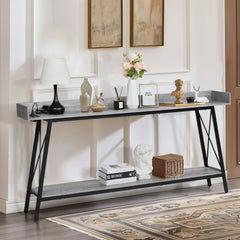 HAOYYE 70.9 Inch Extra Long Console Table with 2 Power Outlets and USB Ports, Rustic Industrial Sofa Table Behind Couch for Living Room, Narrow Entryway Hallway Long Bar Table in Gray, Soft Cozy Warm Design, Functional and Stylish Home Decor
