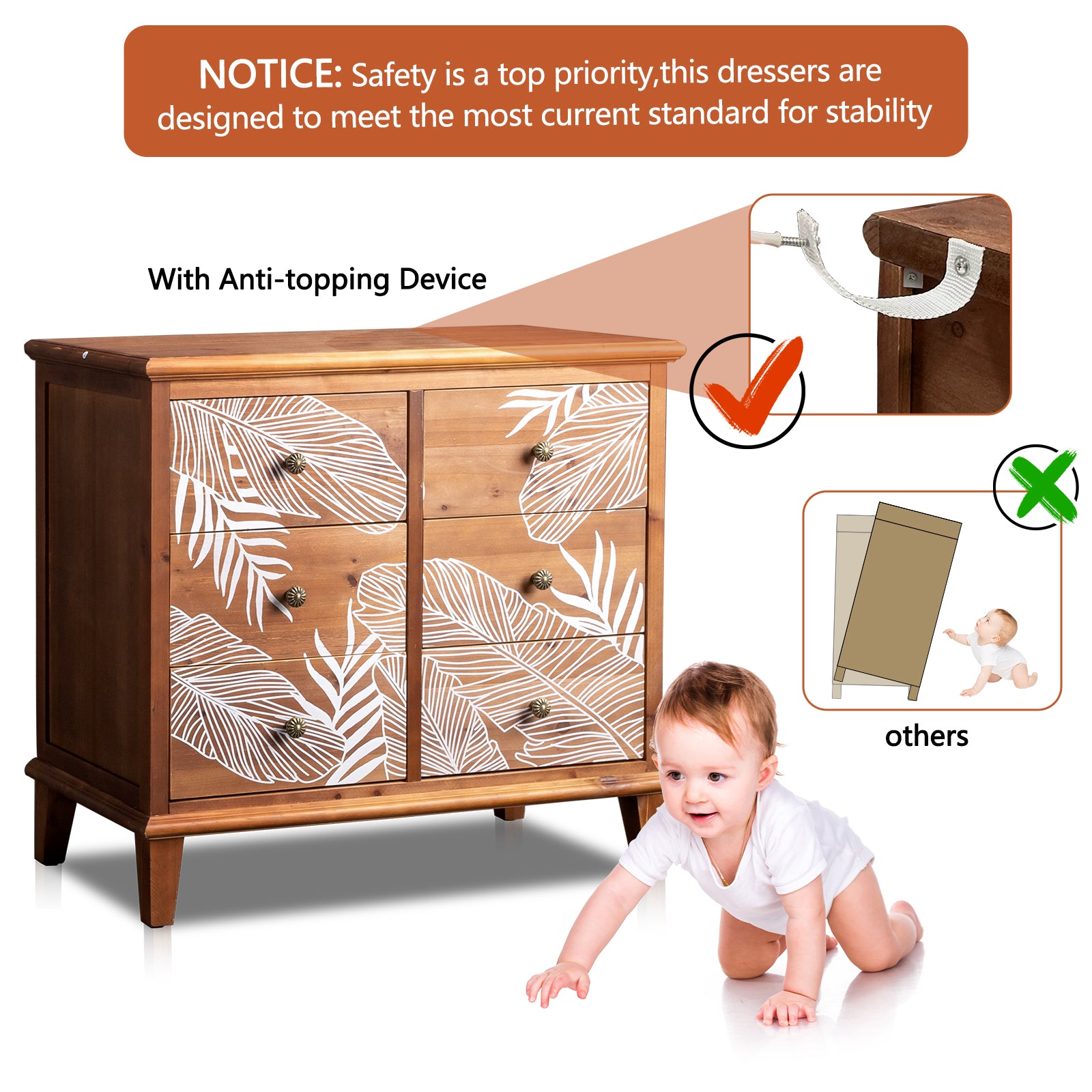 HAOYYE FCH Brown 6-Drawer Chest with MDF Veneer and Solid Wood Frame, 80x40x73cm, Bohemian Style Storage Dresser for Bedroom, Living Room, Compact and Stylish Organizer, Retro and Modern Design with Ample Storage Space